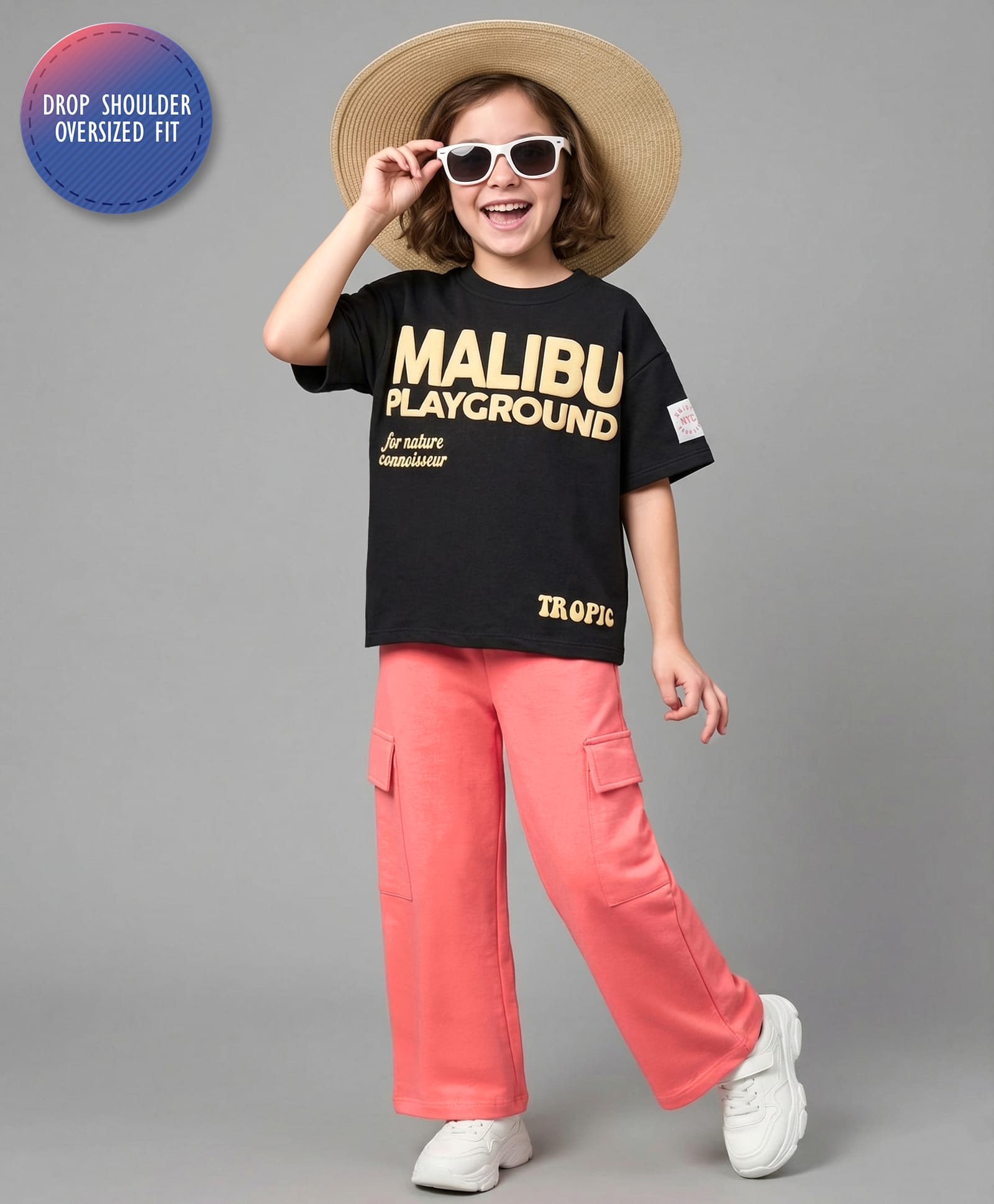 Primo Gino 100% Cotton French Terry Knit Half Sleeves Oversized Text Printed T-Shirt & Pant Set - Black & Pink-image-16
