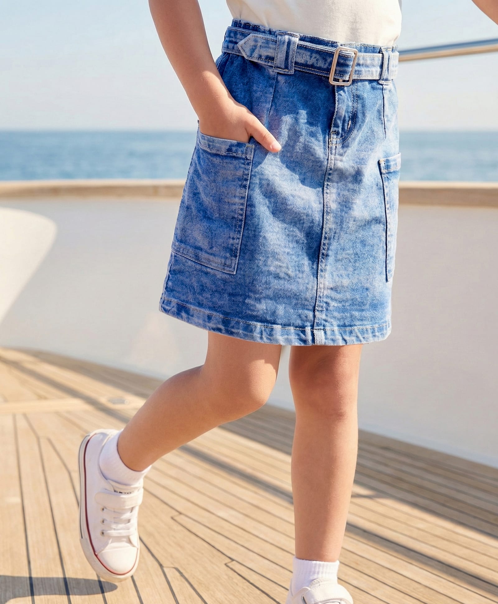 arias by lara dutta Arias Cotton Elastane Woven Above Knee Length Washed Denim Skirt With Belt - Blue-picture-34