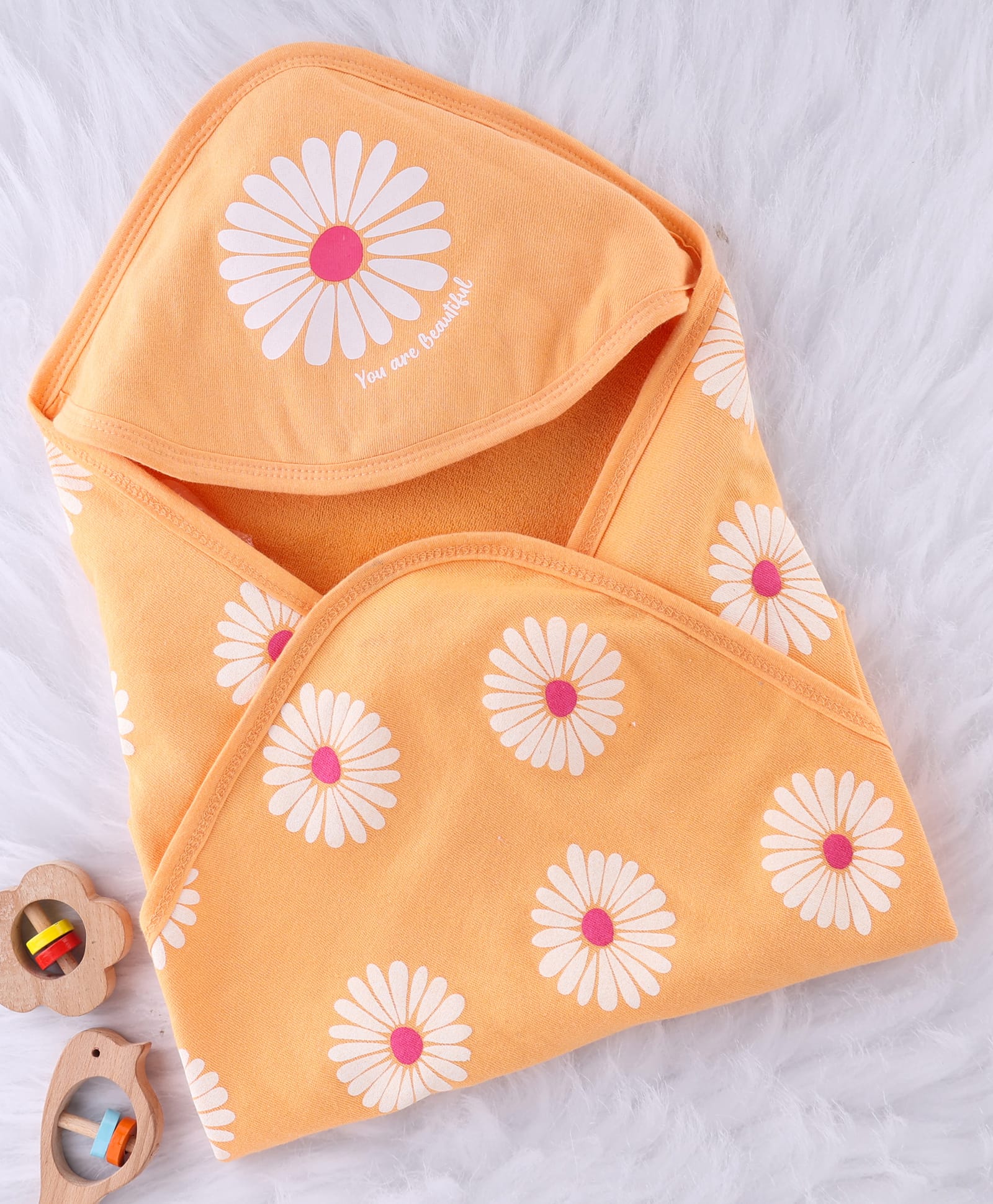 Babyhug Terry Knit Hooded Towel With Floral Print L 76 x B 76 cm - Gold-image-39