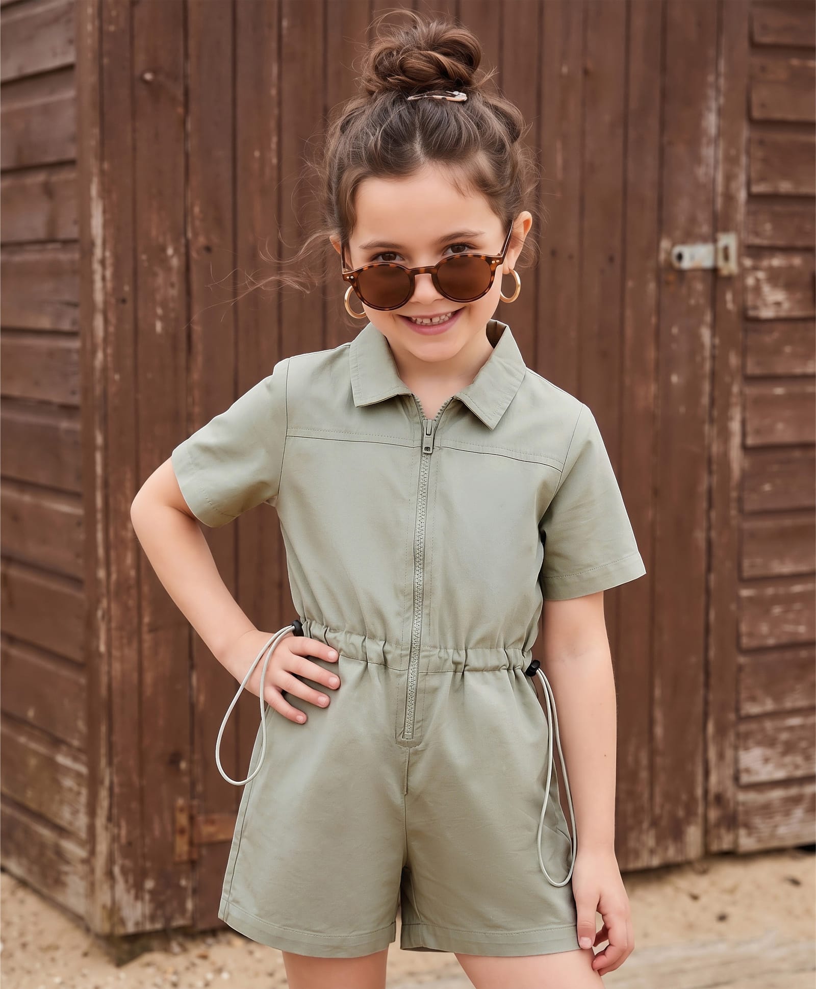 kookie kids india Kookie Kids Twill Woven Half Sleeves Solid Polo Jumpsuit - Grey-picture-16