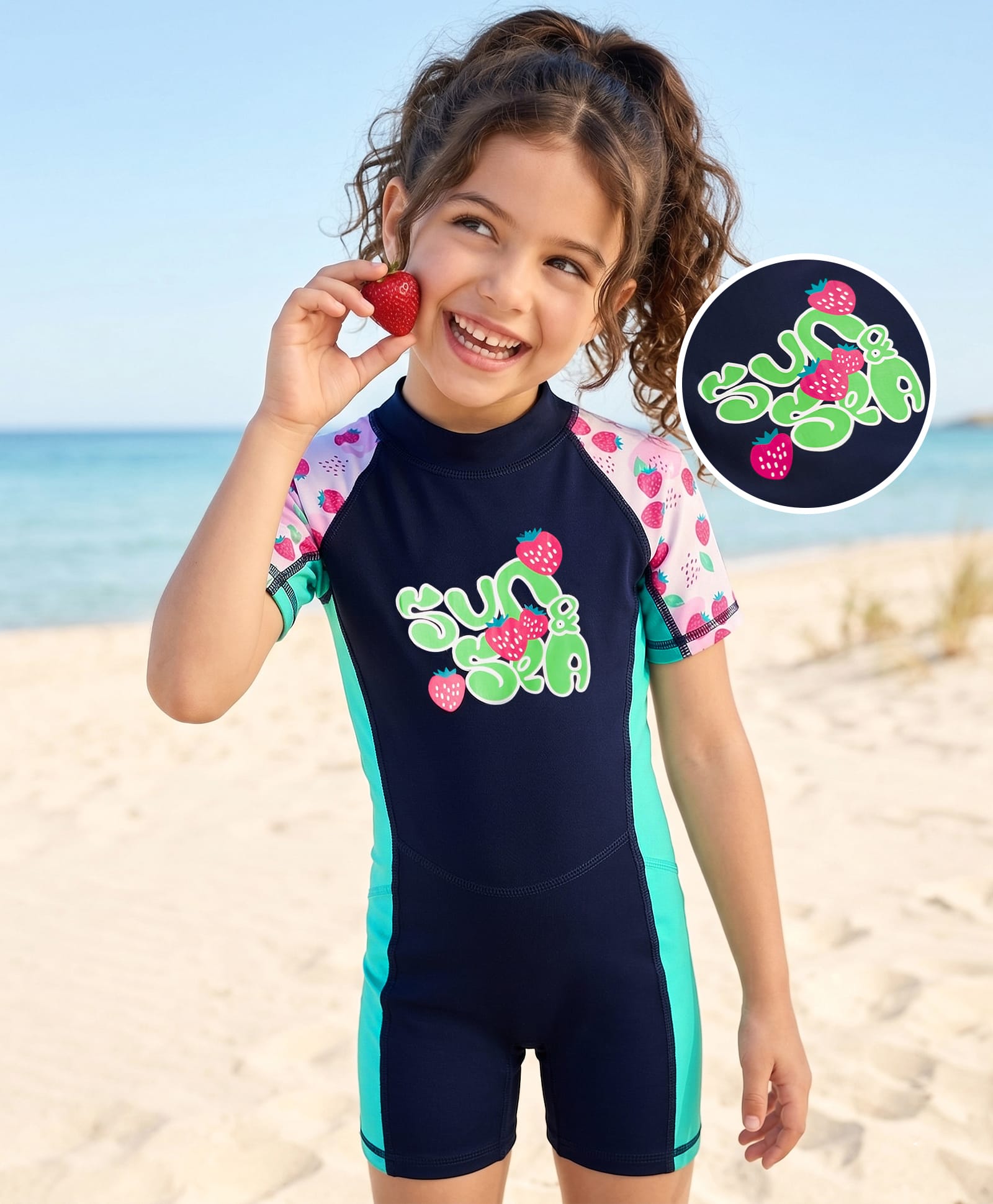Bosky Swimwear Raglan Half Sleeves Strawberry Printed Legged Swimsuit - Navy Blue-picture-14