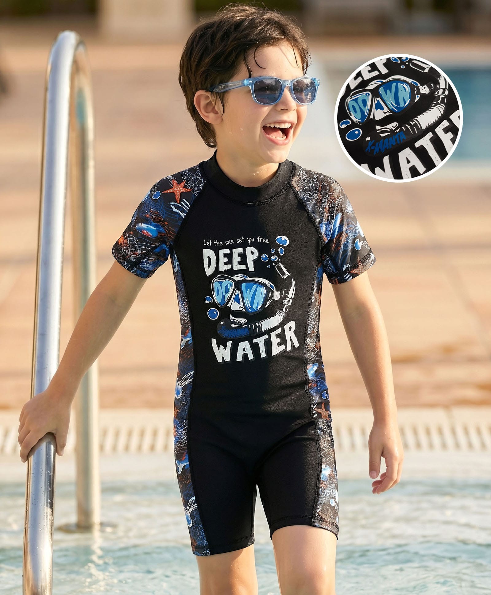 Bosky Swimwear Half Raglan Sleeves Legged Swimsuit with Deep Water Print - Black-picture-20