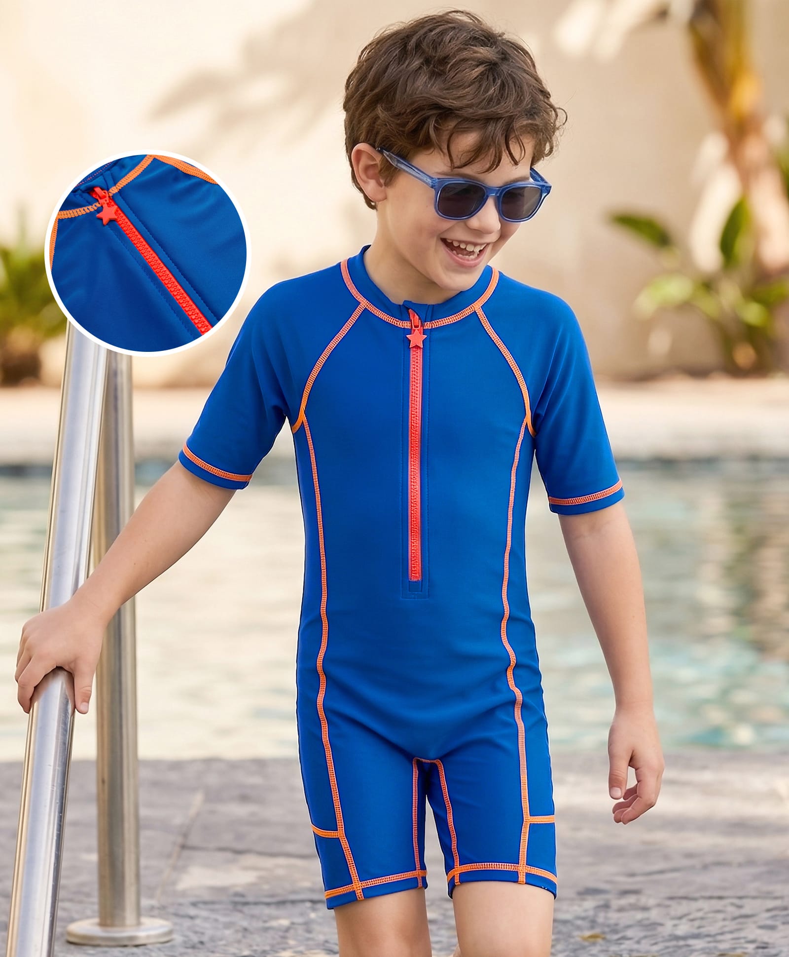 Bosky Swimwear Raglan Half Sleeves Cut N Sew Legged Swimsuit - Blue-image-5