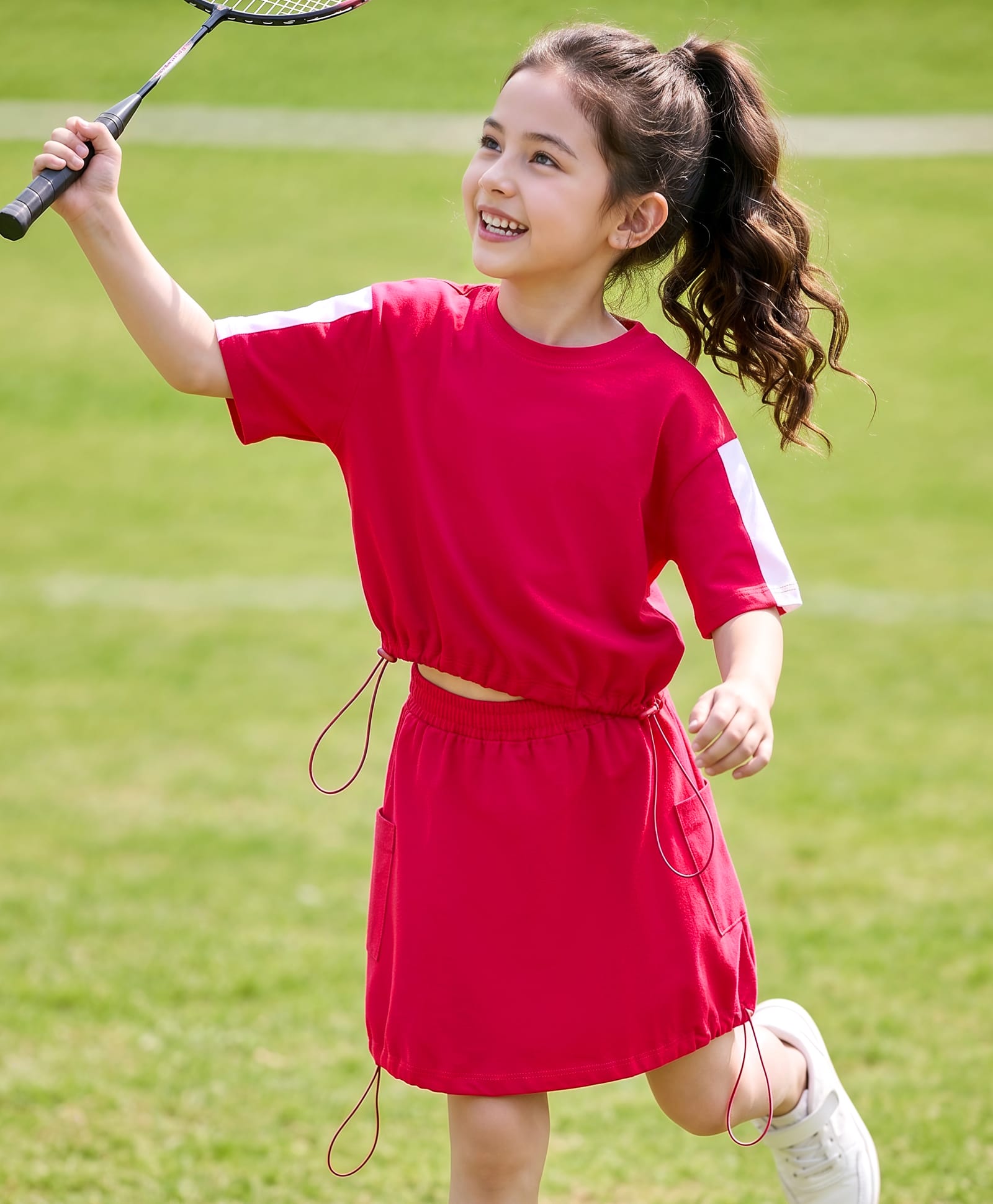 kookie kids india Kookie Kids Single Jersey Drop Shoulder Half Sleeves Solid Color Top & Skirt Set - Dark Pink-picture-13