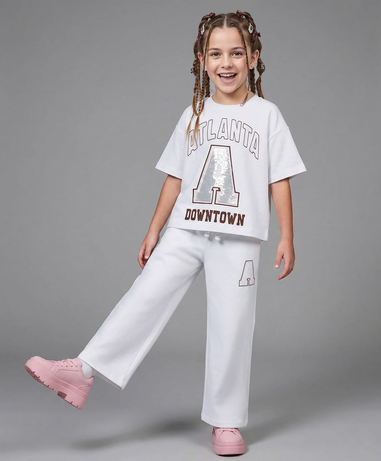 Primo Gino 100% Cotton French Terry Knit Half Sleeves Oversized T-Shirt & Lounge Pant Set With Sequin Detailing - White-image-8