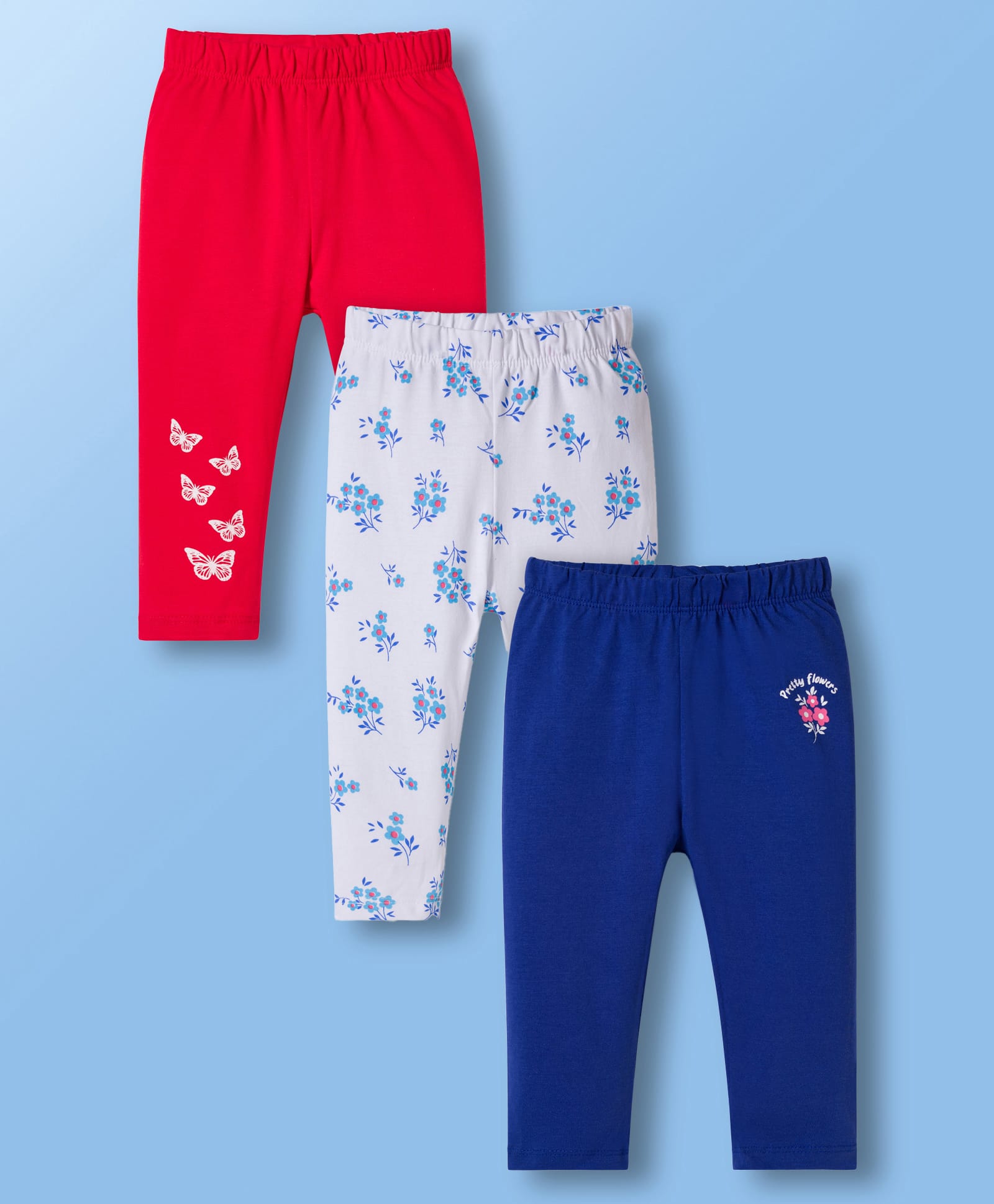 Doodle poodle Single Jersey Knit Full Length Leggings with Floral Print Pack of 3 - White Red & Navy Blue-picture-10