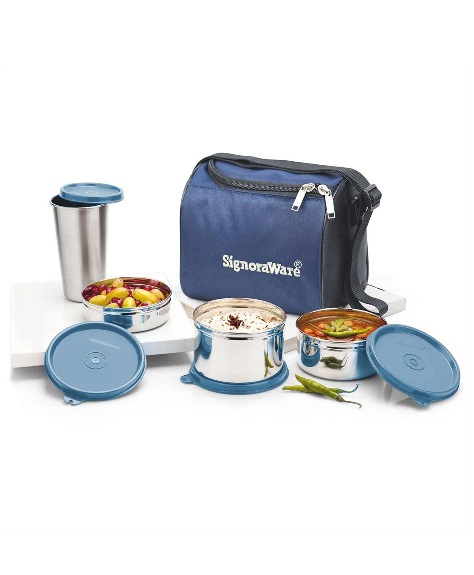Signoraware Lunch Box with3 Container & Steel Tumbler - Blue-picture-3