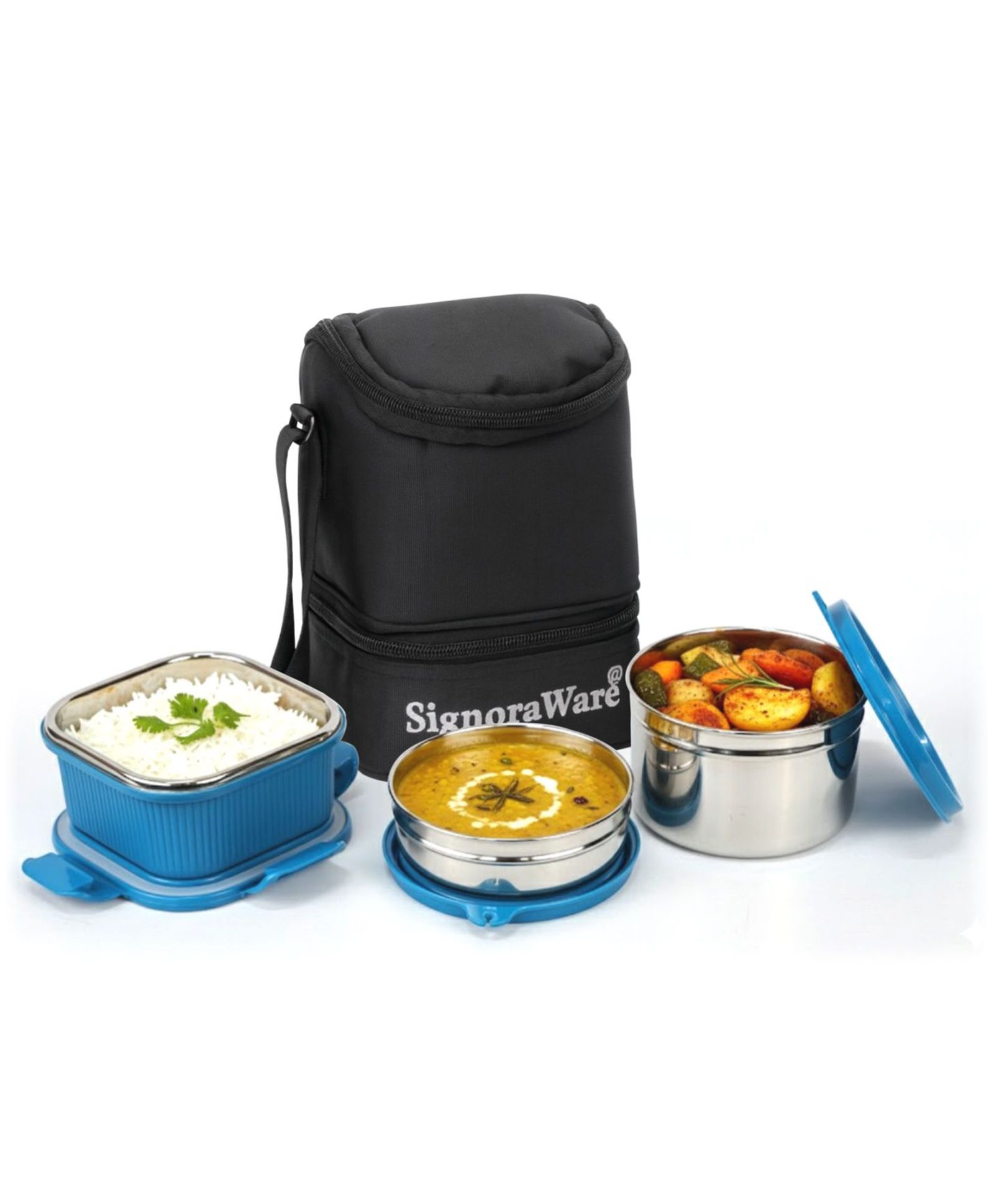 Signoraware Trio Stainless Steel Lunch Box With Bag with Airtight & Leakproof Microwave Safe Durable & Rust Resistant Blue - 1300 ml-picture-15