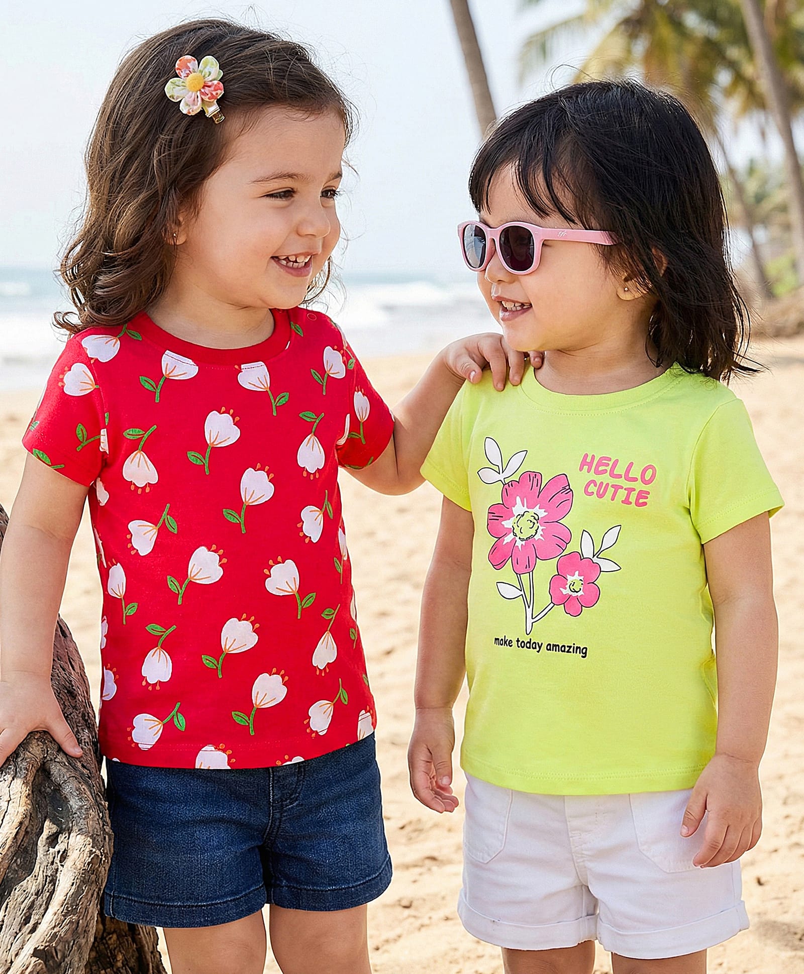 Doodle Poodle 100% Cotton Knit Half Sleeves Floral Printed Tops pack Of 2 - Red & Lime Green-picture-19