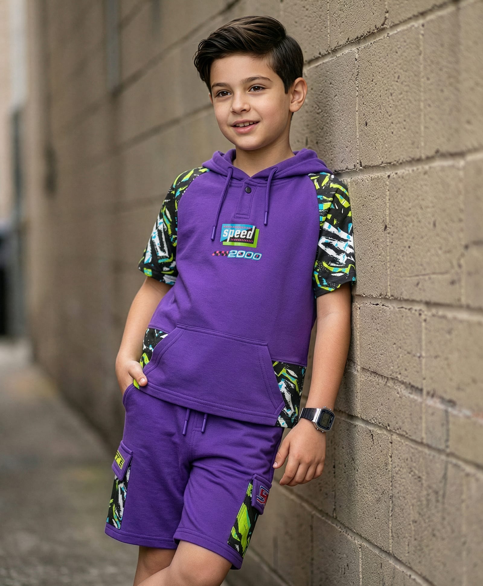 Pine Kids Looper Knit Half Raglan Sleeves Printed Hooded T-Shirt & Shorts Set - Purple