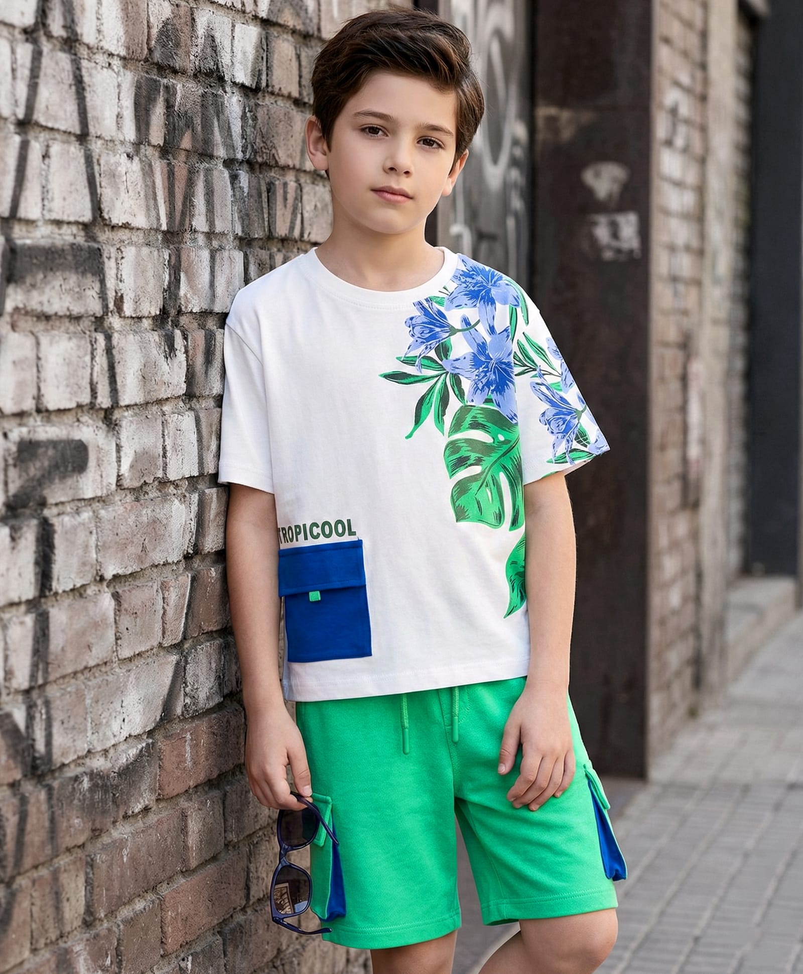 OLLINGTON ST. Cotton Knit Half Sleeve Printed T- Shirt & Knit Shorts Set - White & Light Green-image-14