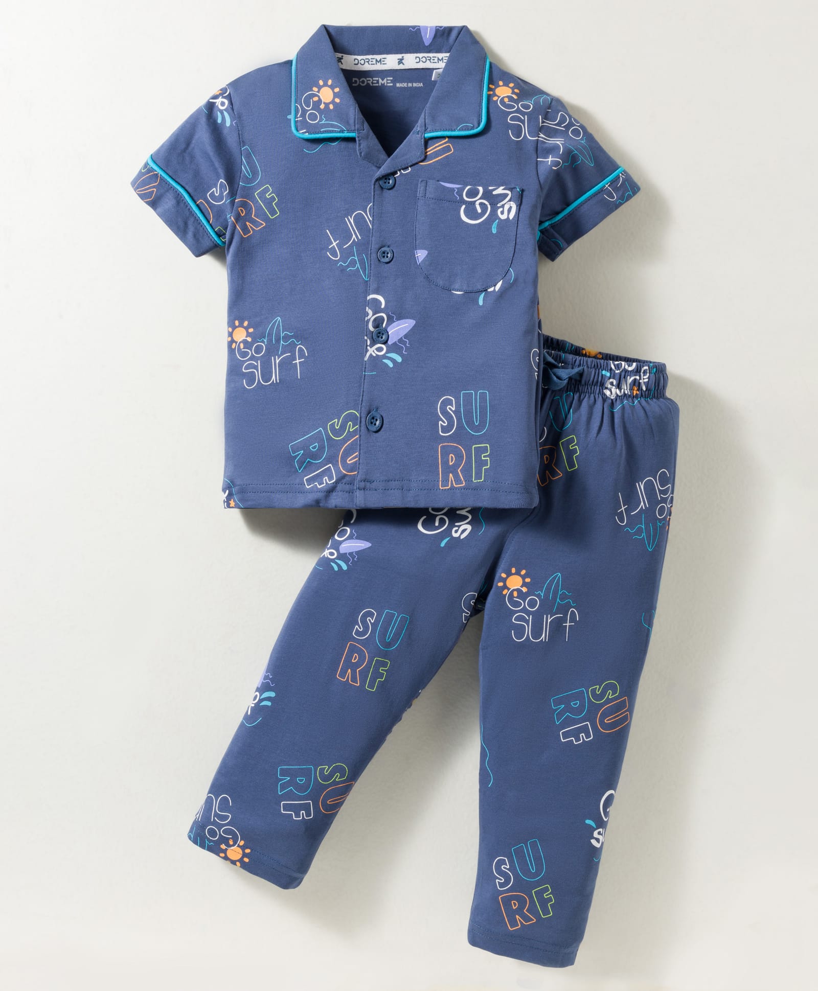 Doreme Single Jersey Knit Half Sleeves Co-ord Night Suit With Surfing Print - Navy Blue-image-44