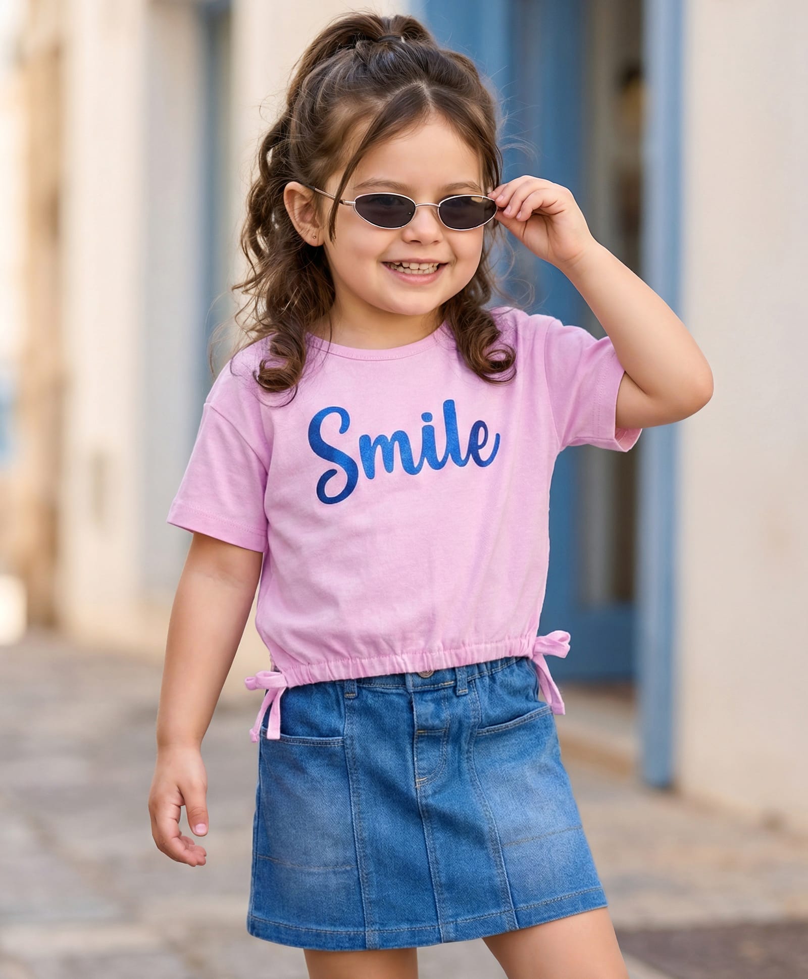Babyhug Single Jersey Knit Half Sleeves Top & Denim Skirt Set With Smile Print - Pink & Blue-picture-12