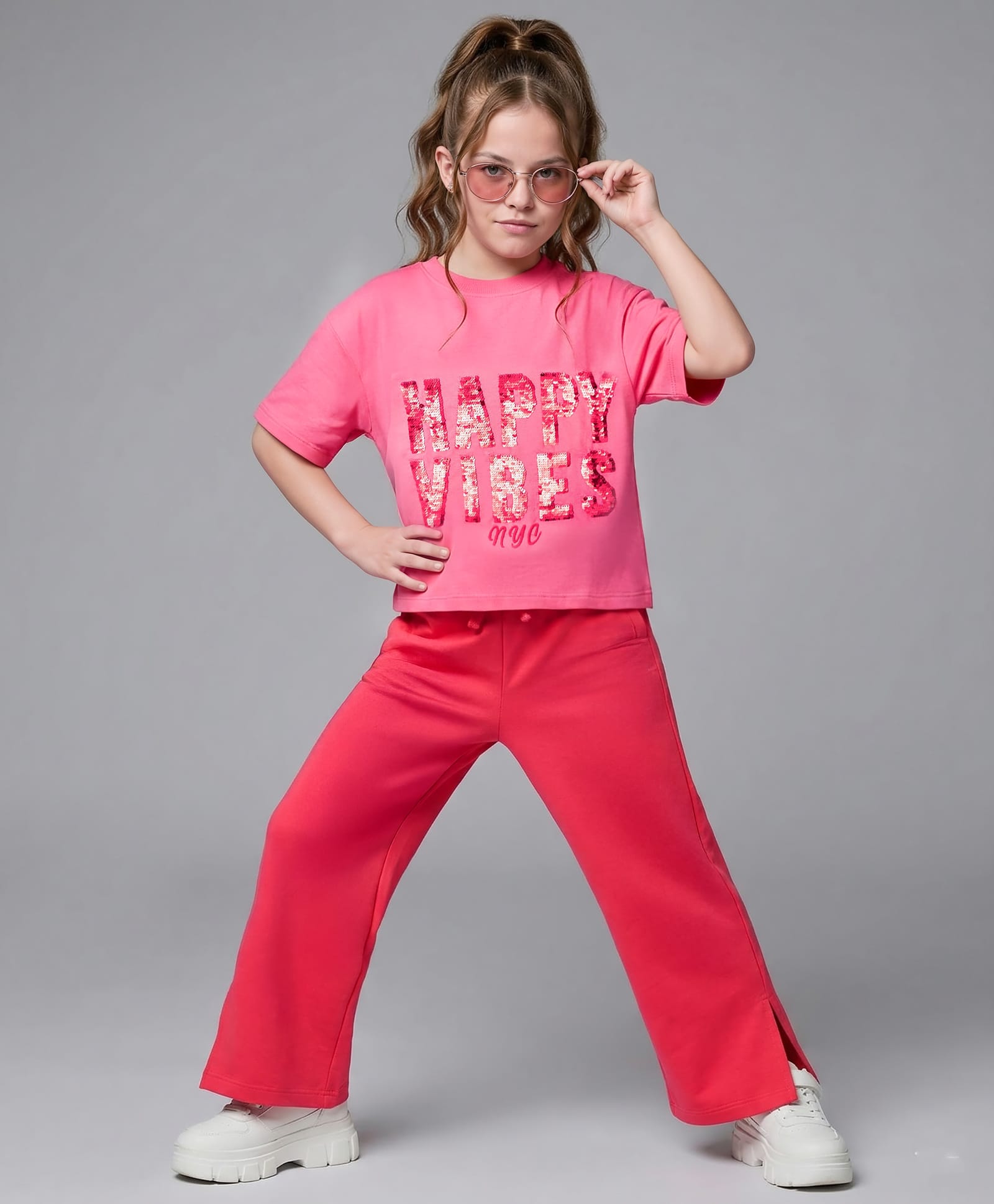 Primo Gino 100% Cotton French Terry Knit Half Sleeve Oversized Sequinned T-Shirt & Pant Set - Pink & Red-image-35