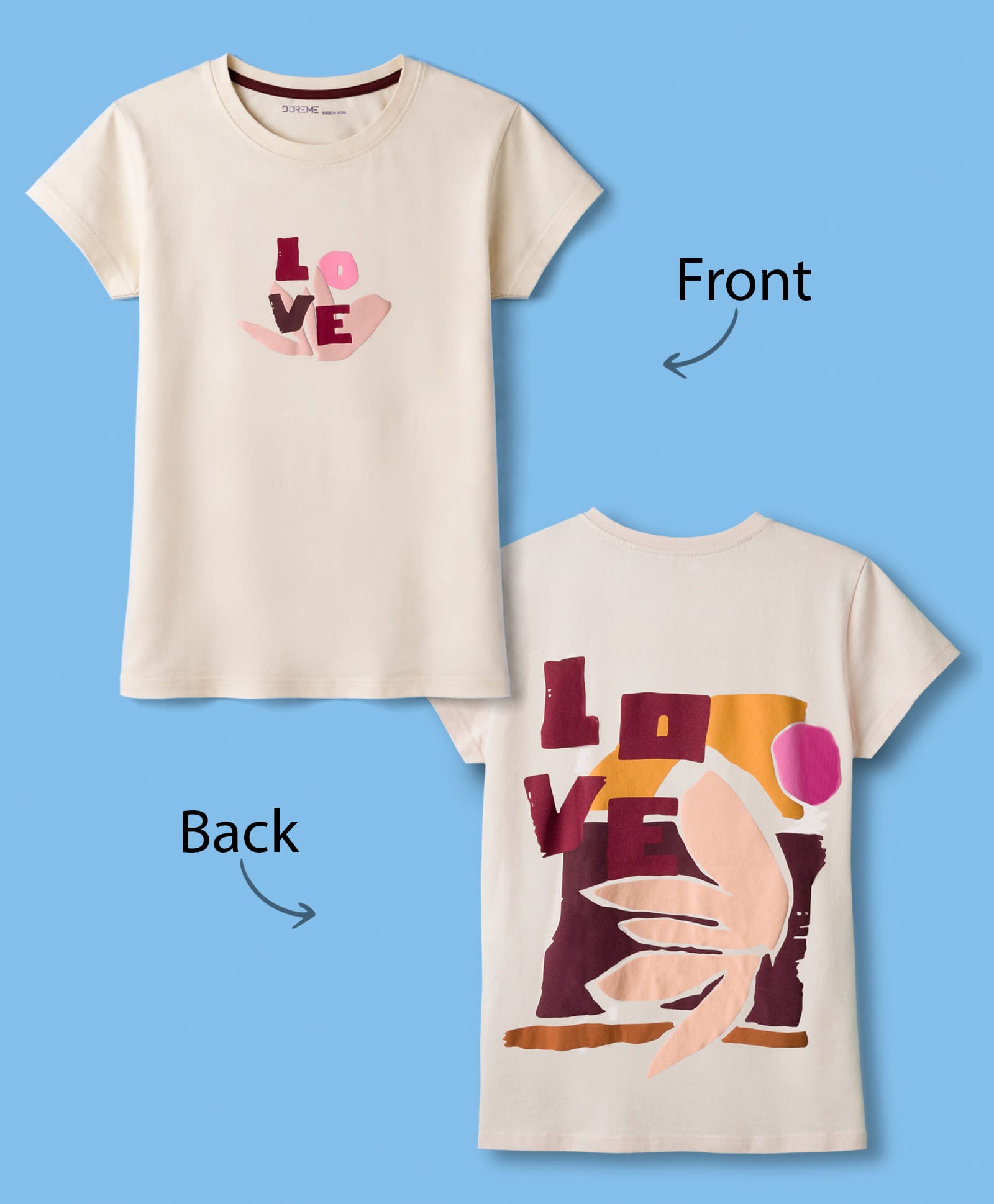 Doreme Single Jersey Knit Half Sleeves T-Shirt with Front & Back Love Print - Peach-picture-48