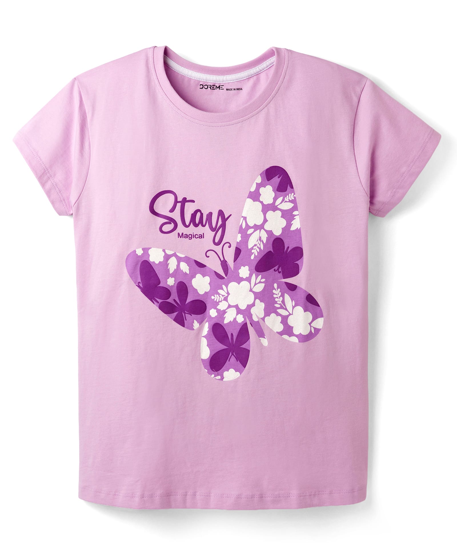 Doreme Single Jersey Knit Half Sleeves T-Shirt With Butterfly Print - Lilac