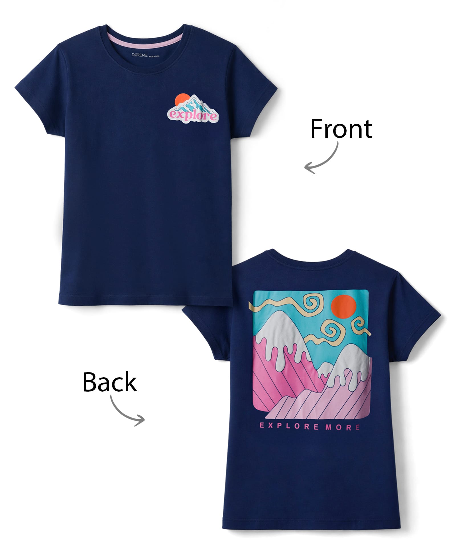 Doreme Single Jersey Knit Half Sleeves T-Shirt with Front & Back Explore Print - Navy Blue-image-39