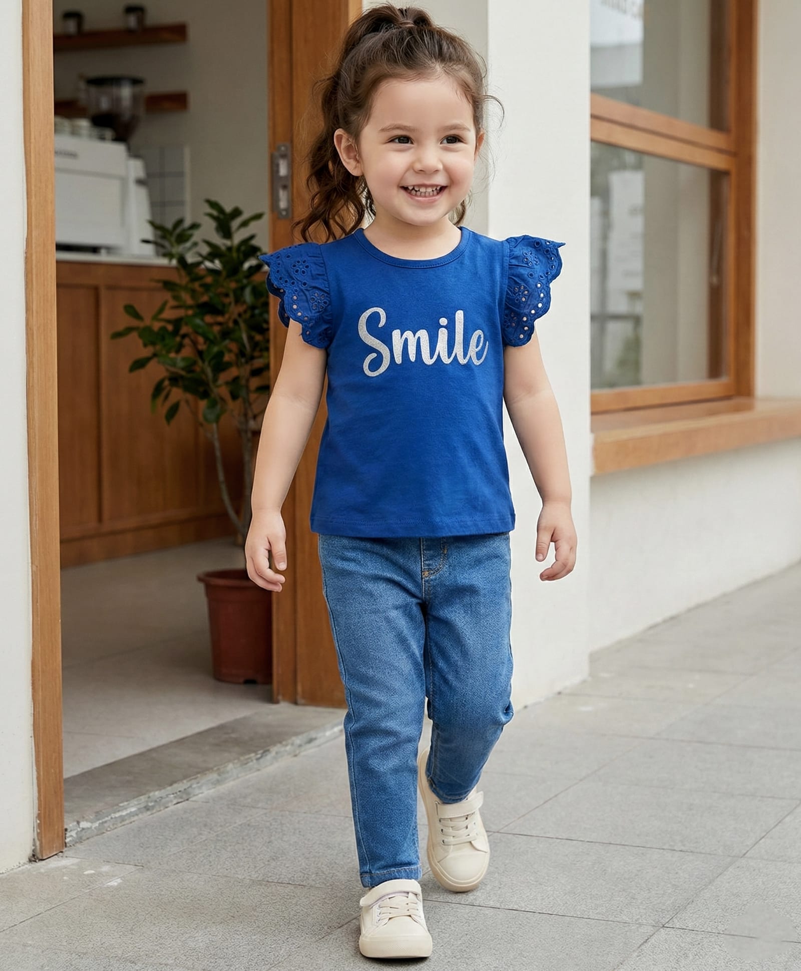 Babyhug Single Jersey Knit Frill Sleeves Top & Denim Jeans Set With Smile Print - Blue-image-35