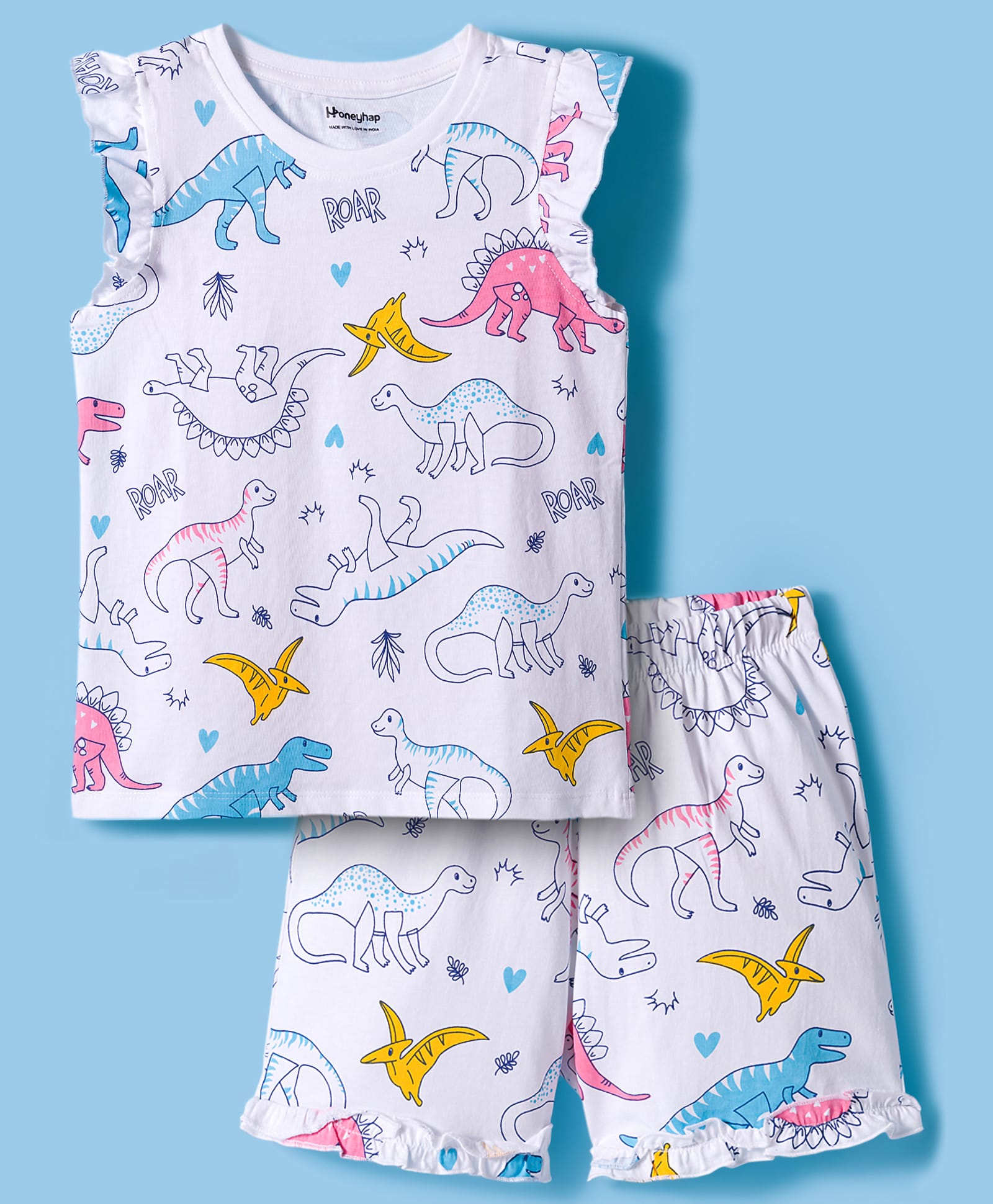 Honeyhap Premium 100% Cotton Knit Sleeveless Short Night Suit With Bio Finish & Dino Print - White-picture-28