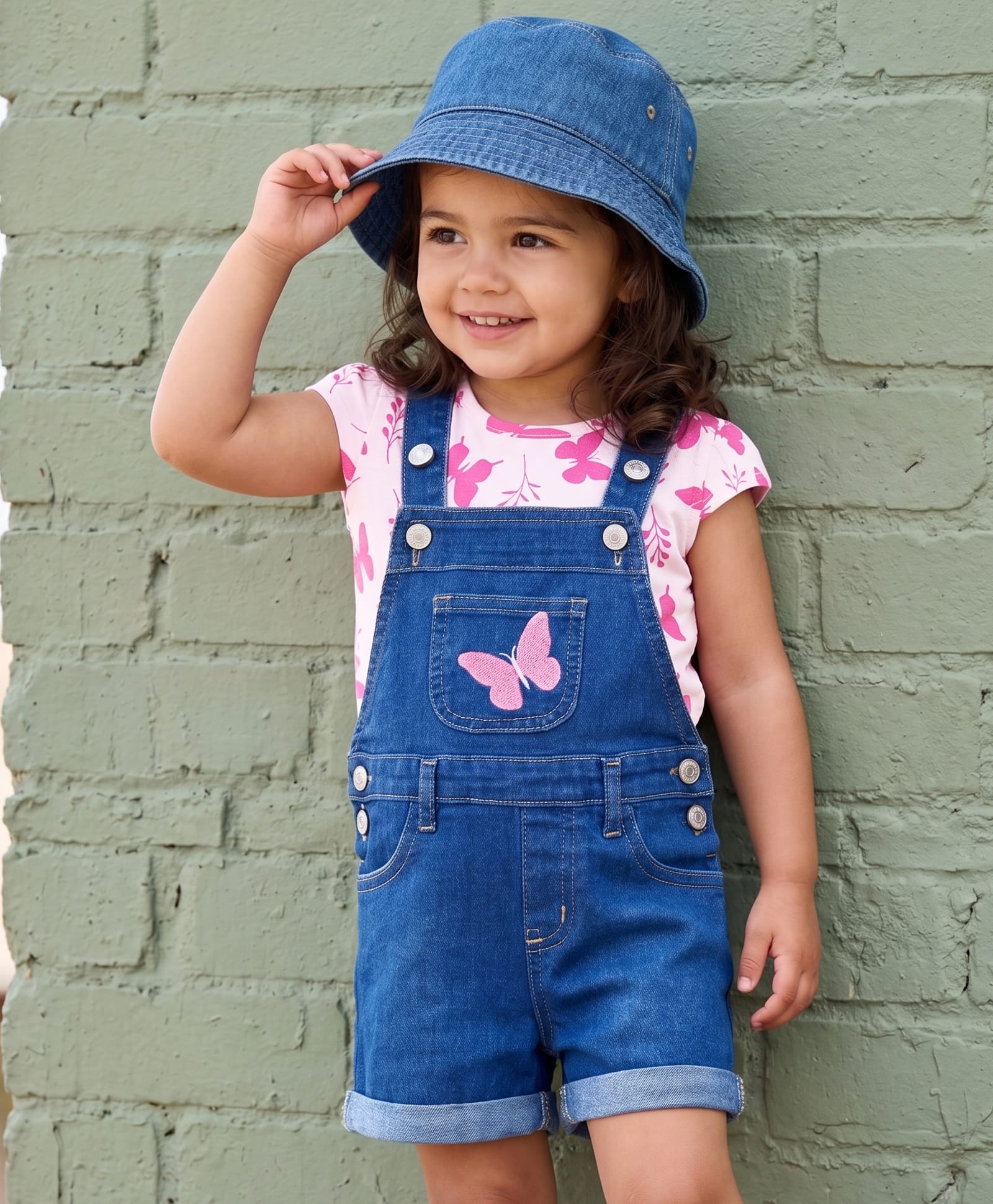 Babyhug Single Jersey Knit Half Cap Sleeves Dungaree & T-Shirt with Butterfly Print - Pink & Blue-image-29
