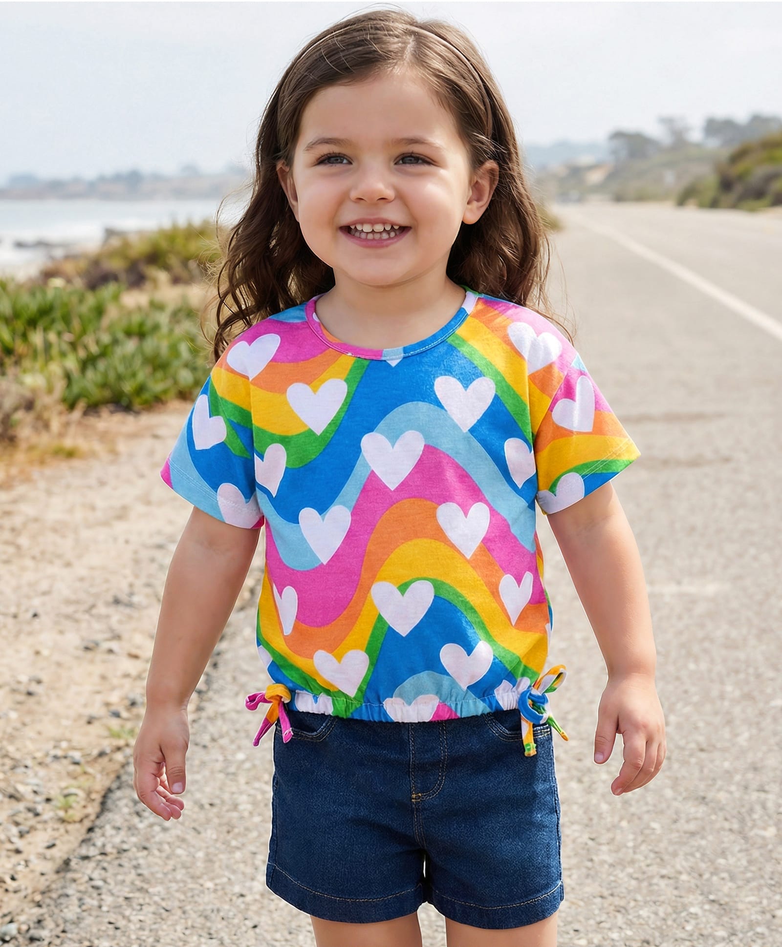 Babyhug Single Jersey Knit Half Sleeves Top & Denim Shorts Set With Heart Print - Blue-image-18