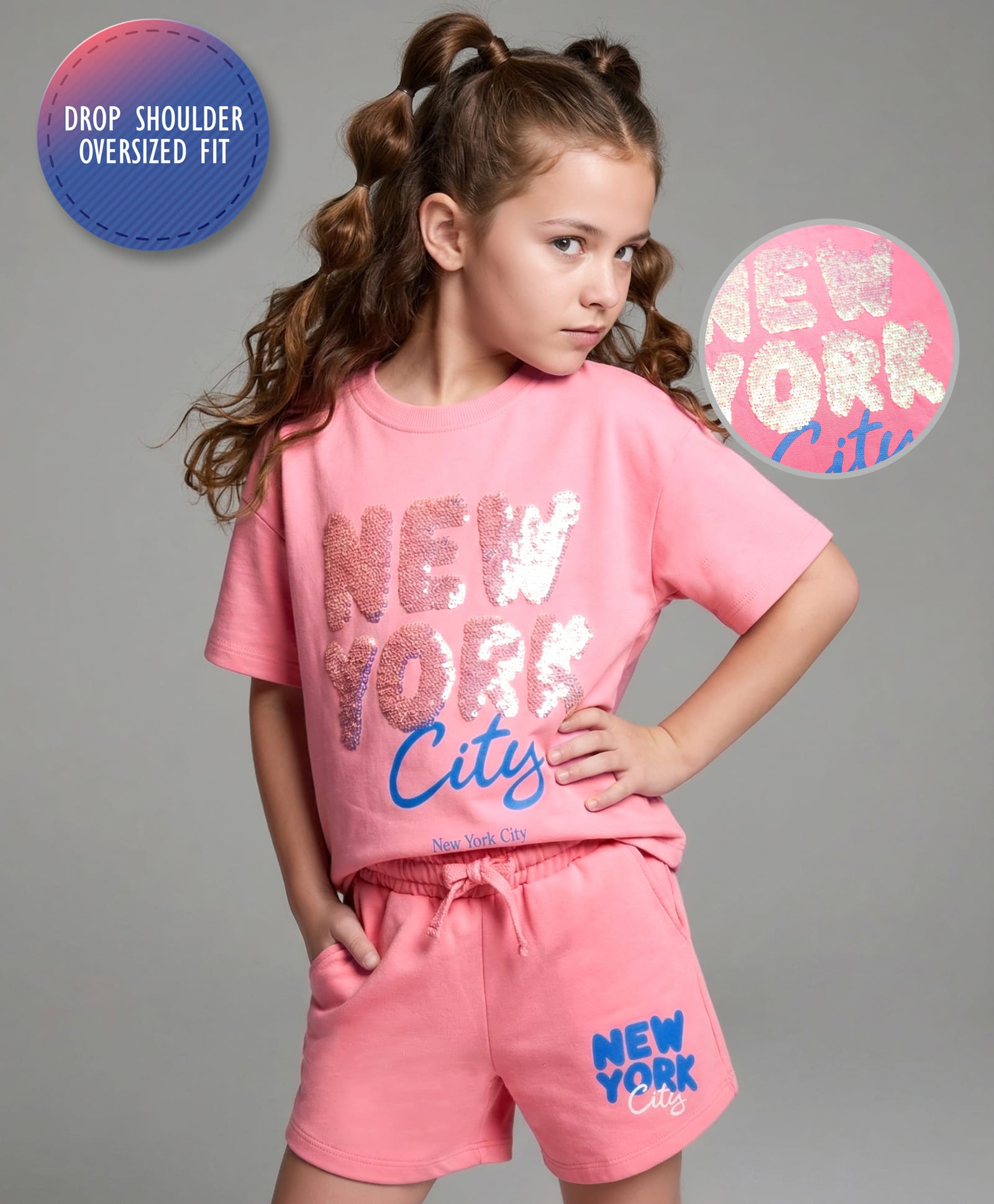 Primo Gino 100% Cotton French Terry Knit Half Sleeves Oversized Printed T-Shirt & Shorts Set With Sequin Embroidery - Pink-picture-18