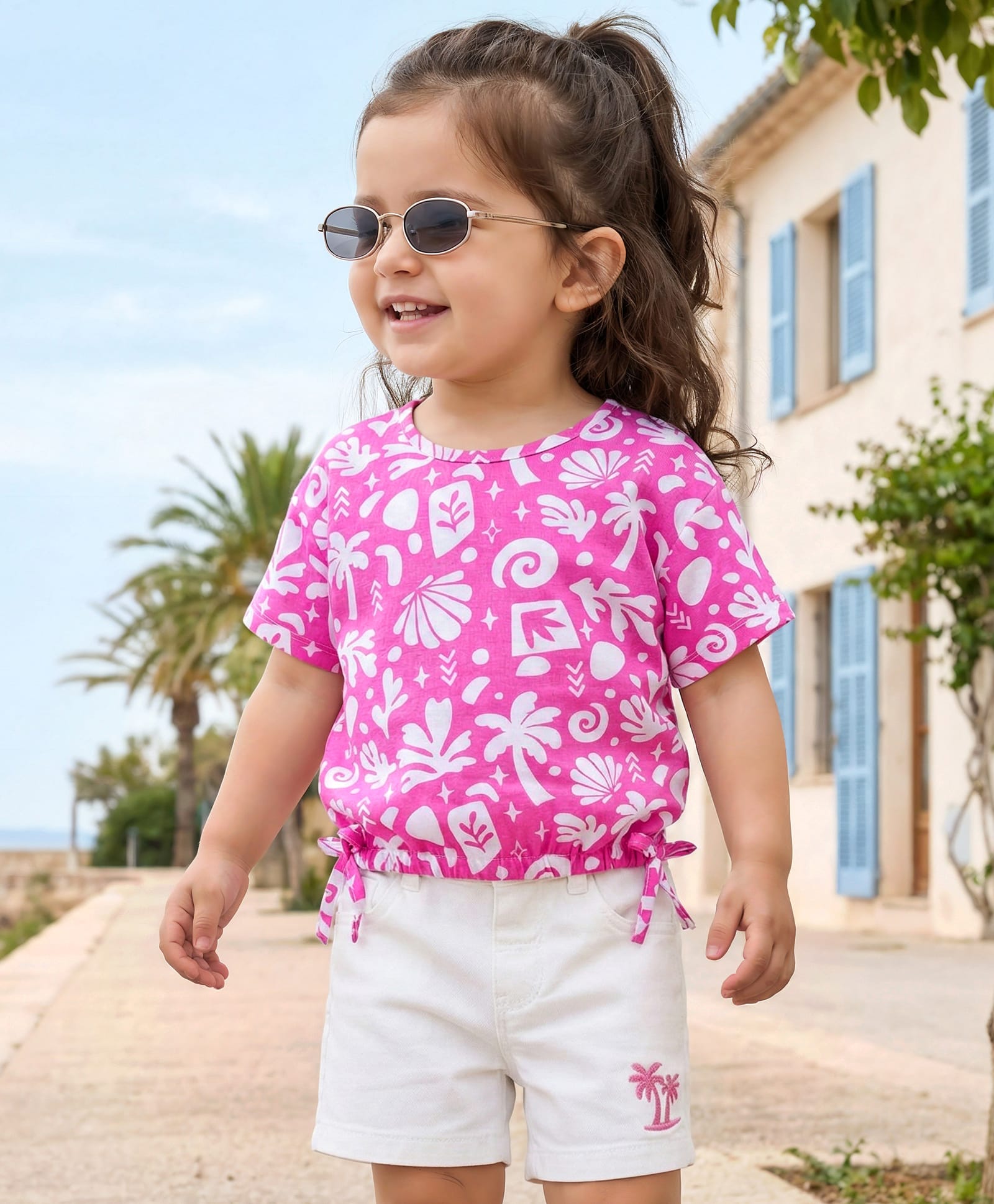 Babyhug Single Jersey Knit Half Sleeves Top & Shorts Set With Tropical Print - Pink & White-picture-33