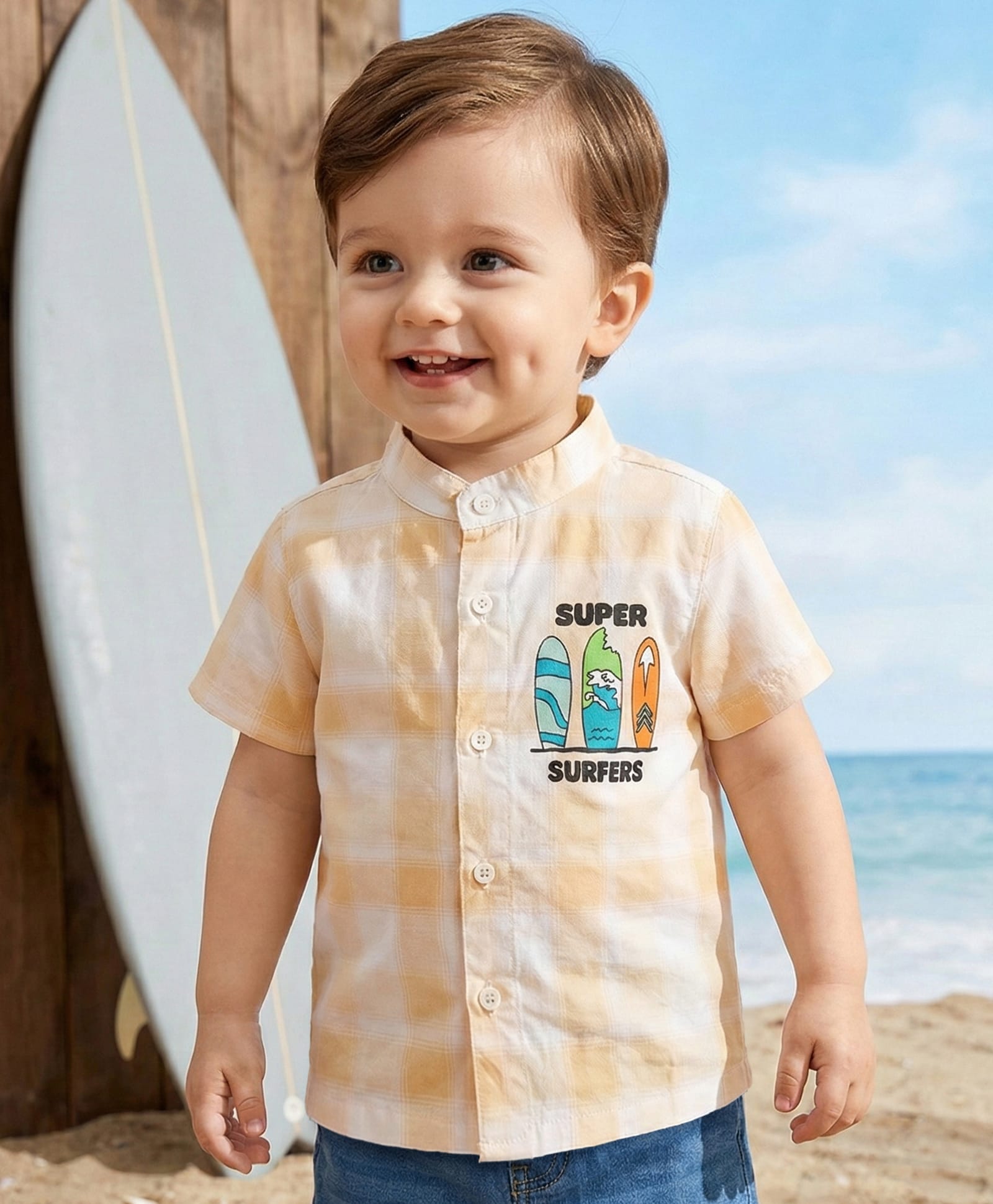 Babyoye 100% Cotton Woven Half Sleeves Beach Theme Printed Checks Shirt - Yellow-image-15