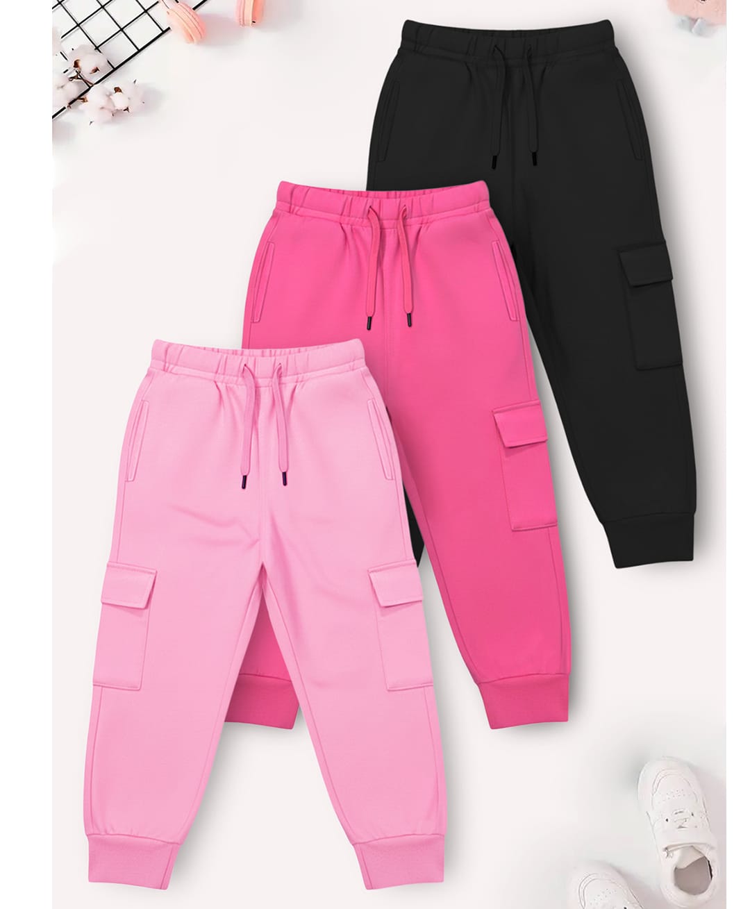 Trampoline Cotton Blend Knit Pack Of 3 Solid Cargo Joggers - Multi Colour