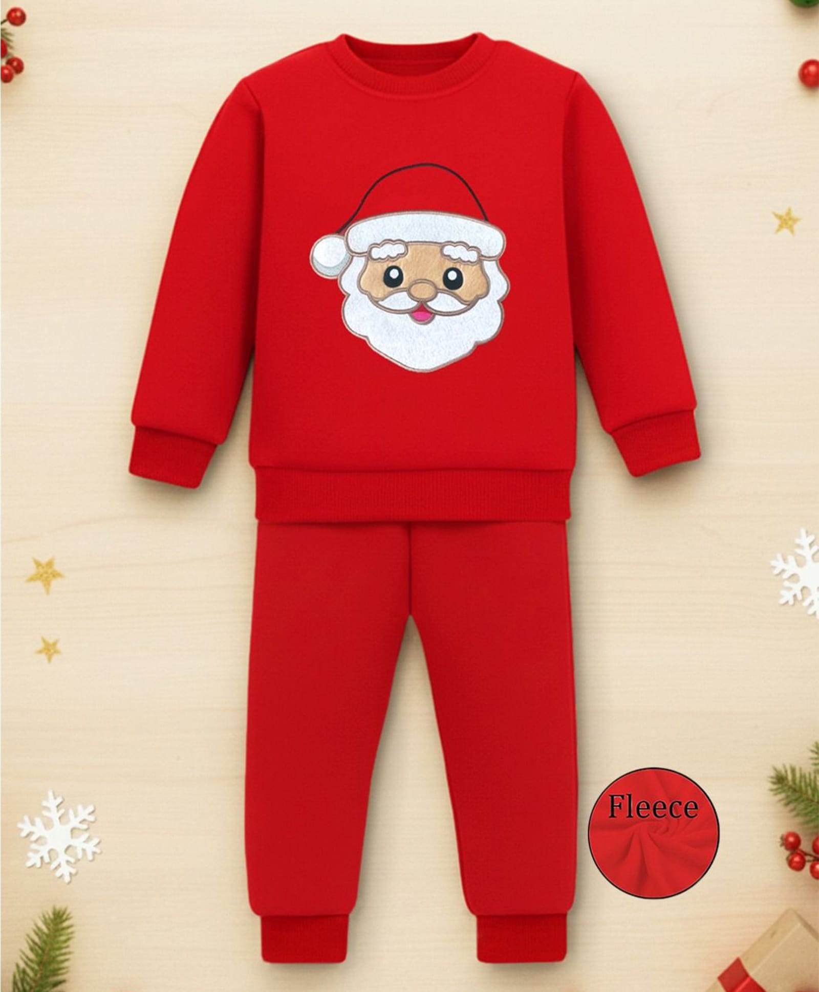 Trampoline Fleece Knit Christmas Theme Full Sleeves Santa Claus Patch Detailed Sweatshirt & Joggers Set - Red-image-28