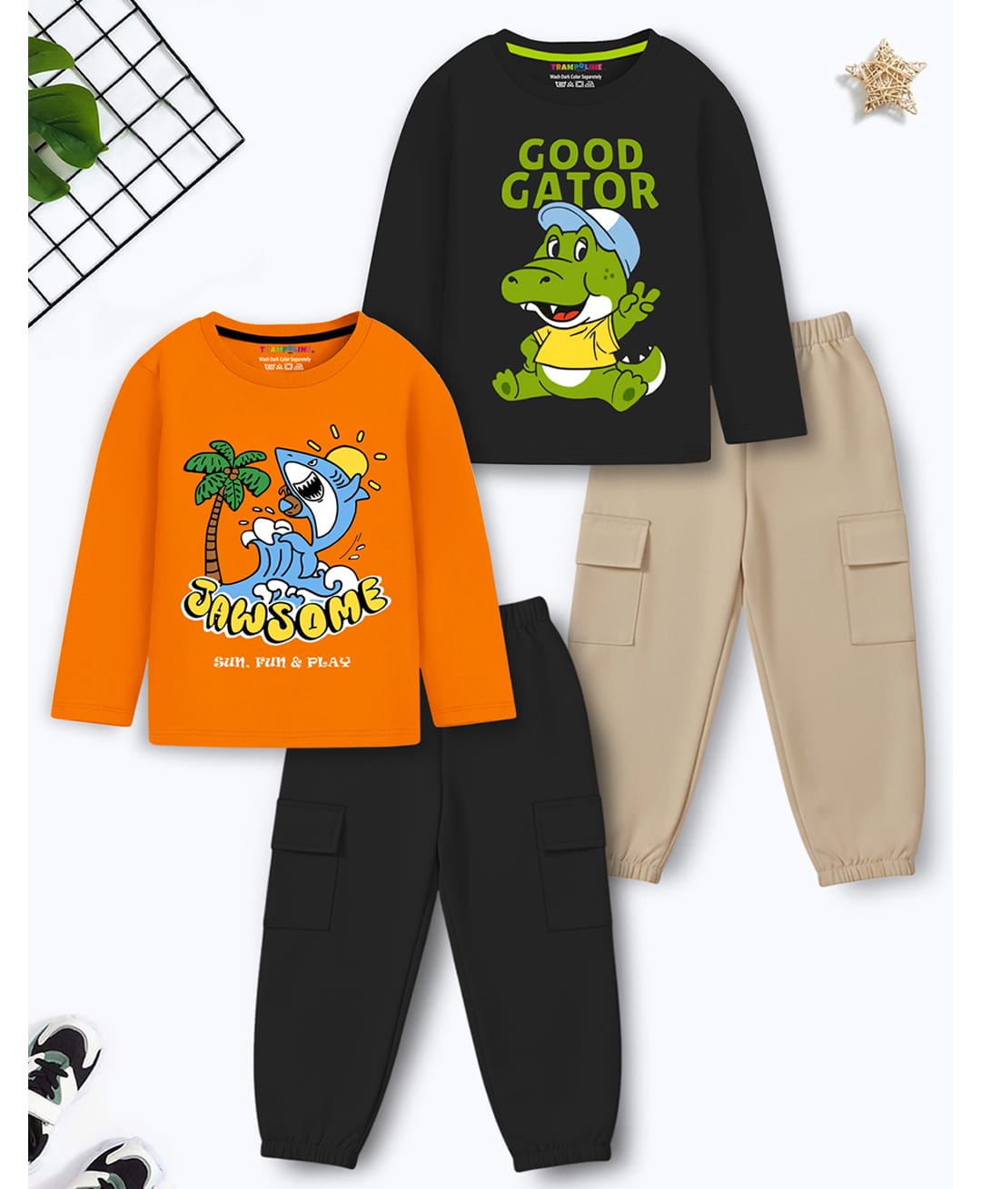 Trampoline Cotton Blend Knit Pack Of 2 Full Sleeves Good Gator & Jawsome Text Printed Tees & Joggers Set - Multi Colour-picture-22