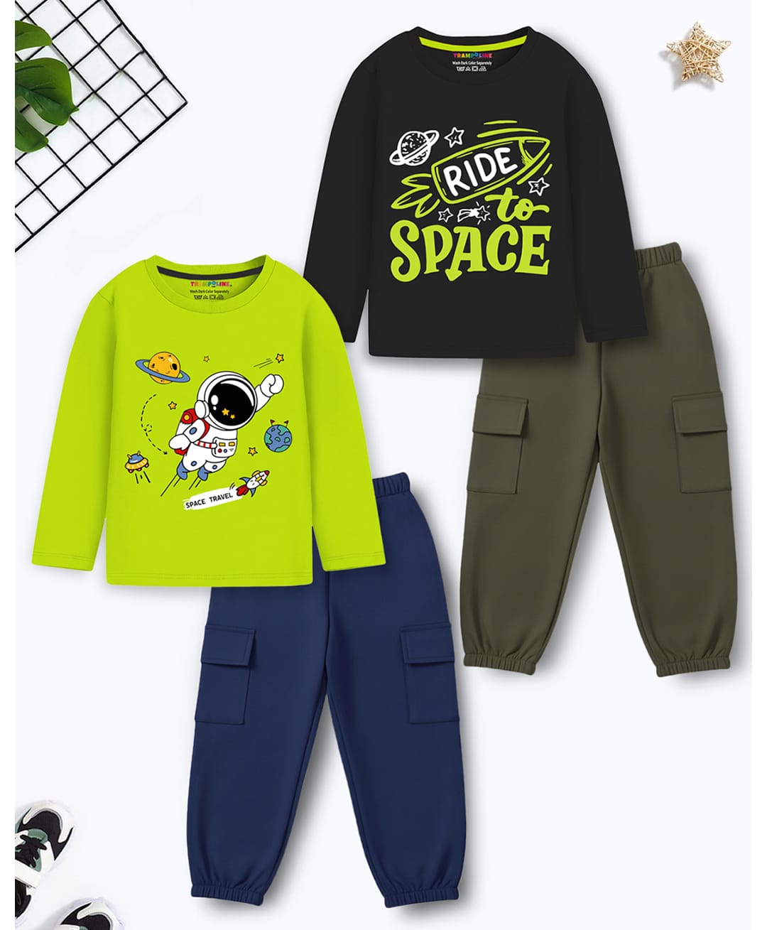 Trampoline Cotton Blend Knit Pack Of 2 Full Sleeves Space Theme Printed Tees & Joggers Set - Multi Colour-image-2
