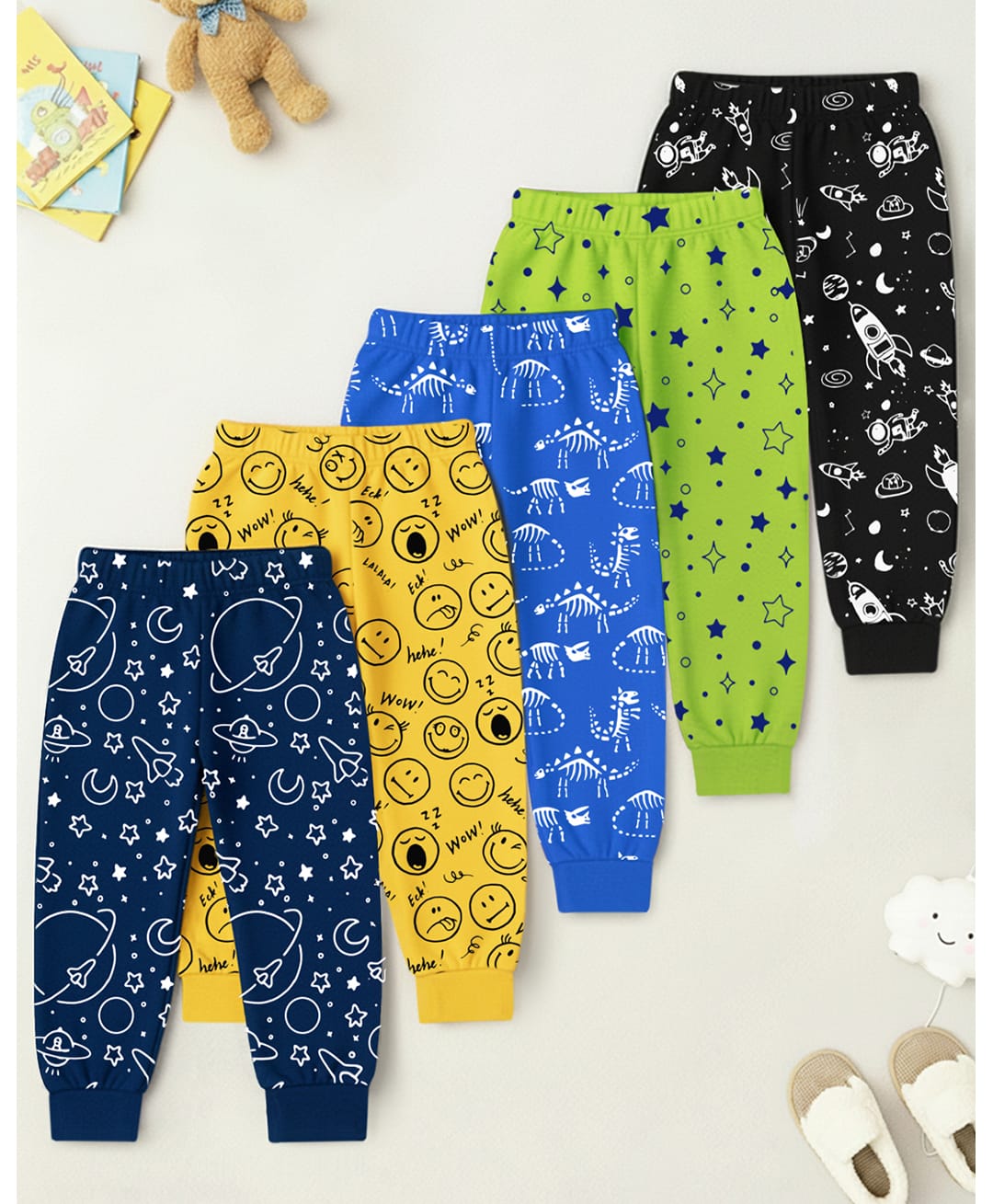 Trampoline Cotton Blend Knit Pack Of 5 Space Theme Smiley & Dinosaur Printed Pajamas - Multi Colour-image-10