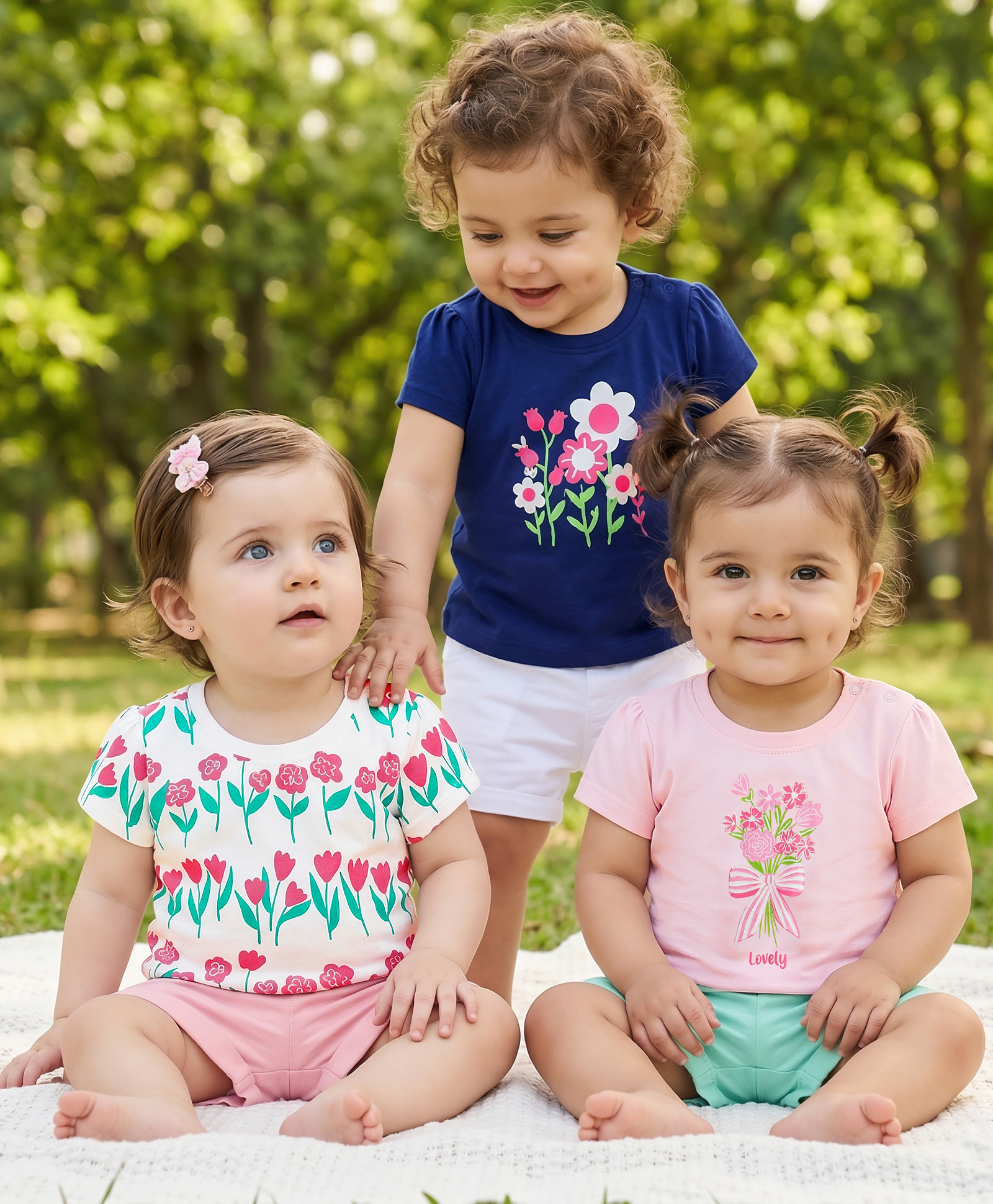 Doodle Poodle 100% Cotton Single Jersey Knit Half Sleeves T-Shirt With Floral Print Pack Of 3 - Navy Blue Pink & White-picture-24
