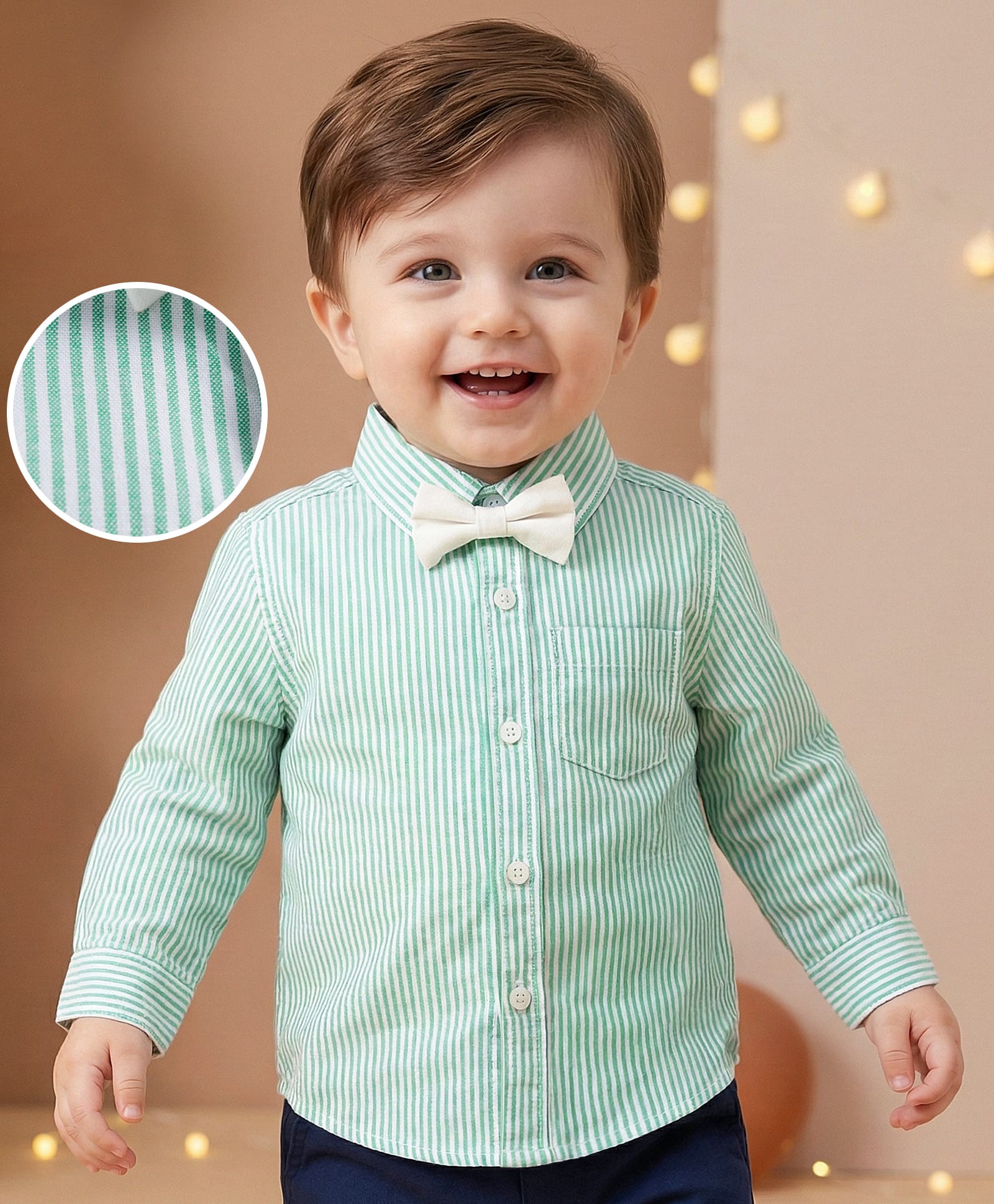 BabyoyeCotton Woven Full Sleeves Striped Shirt with Bow - White & Green-image-12