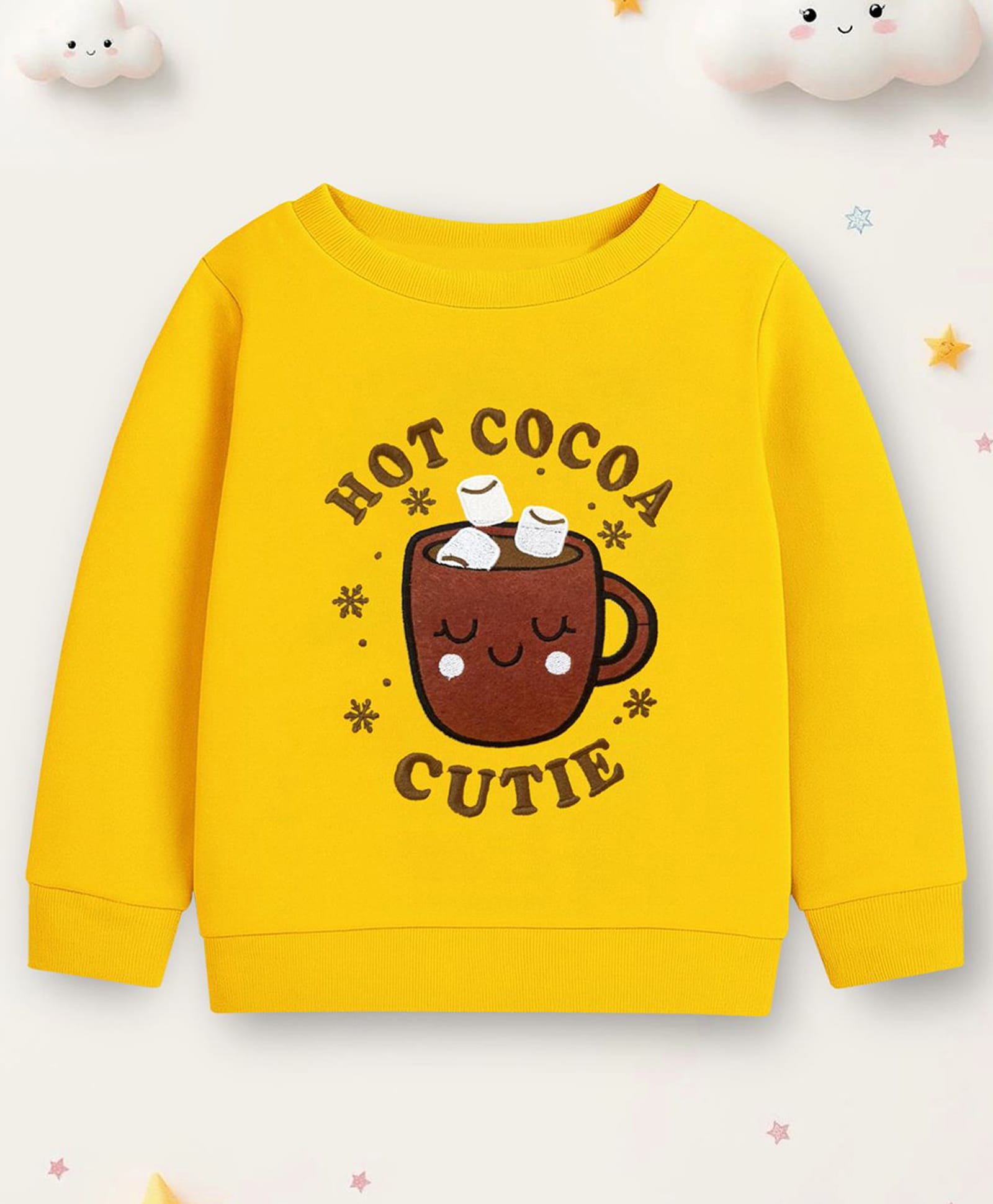 Trampoline Fleece Knit Full Sleeves Hot Cocoa Cutie Text Embroidered Sweatshirt - Yellow-picture-34