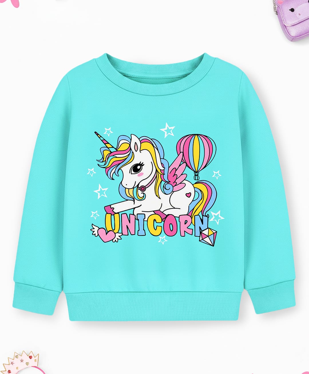 Trampoline Fleece Knit Full Sleeves Unicorn Printed Light Winter Sweatshirt - Sea Green-picture-22