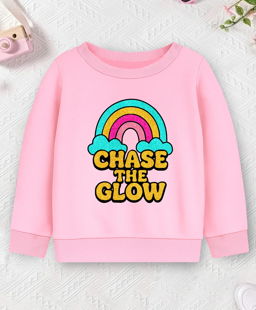 Trampoline Fleece Knit Full Sleeves Chase The Glow Text Printed Light Winter Sweatshirt - Pink-picture-29