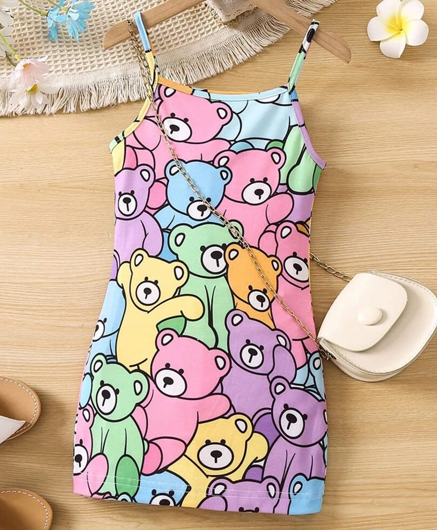 Bolly Lounge Cotton Blend Knit Sleeveless Teddy Bear Printed Dress - Multi Colour-picture-12
