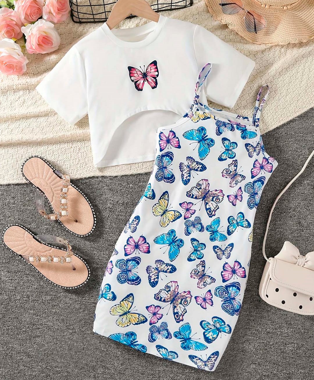 Bolly Lounge Cotton Blend Knit Butterfly Printed Dress With Half Sleeves Tee - White-image-43