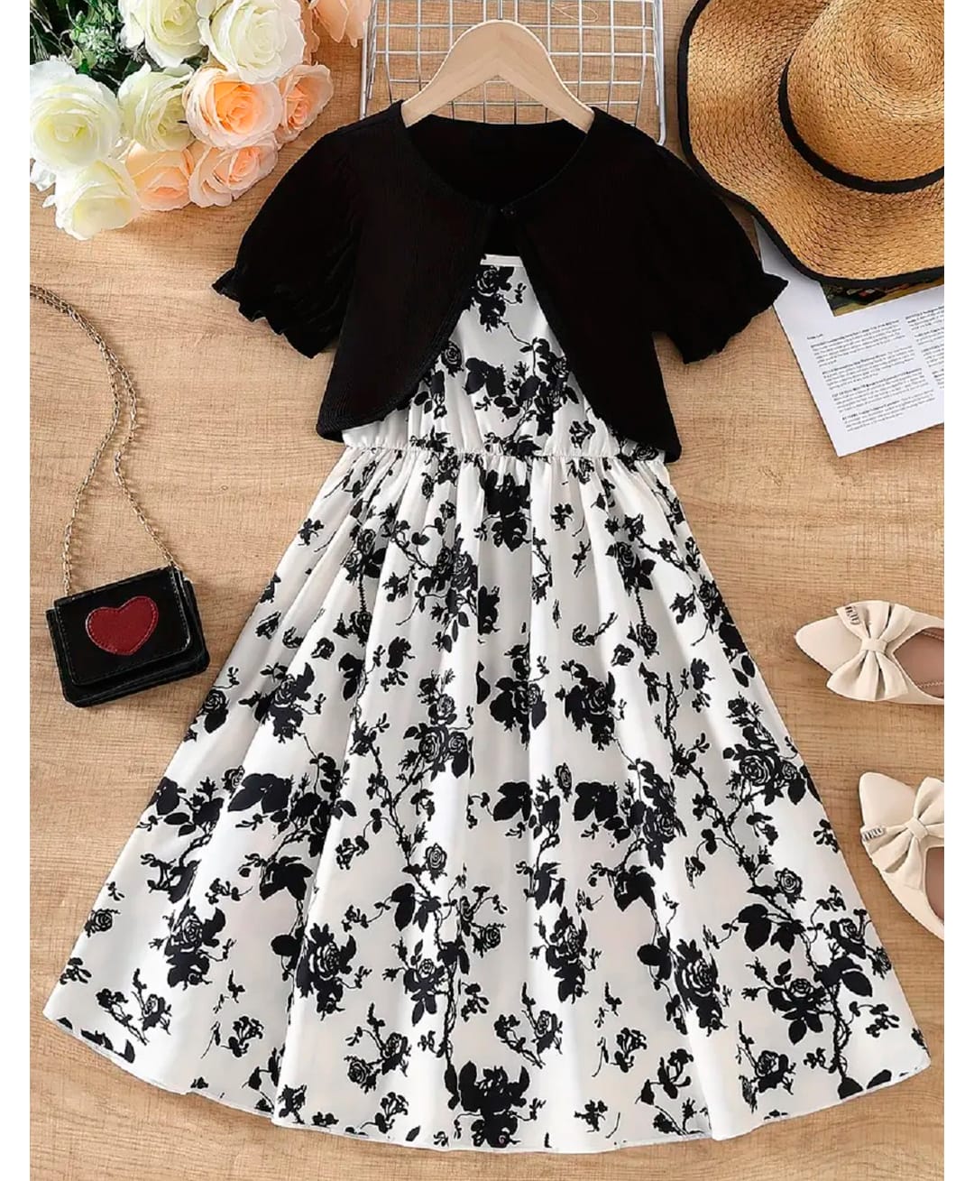 Bolly Lounge Cotton Blend Woven Floral Printed Dress With Half Sleeves Solid Shrug - Black-image-39