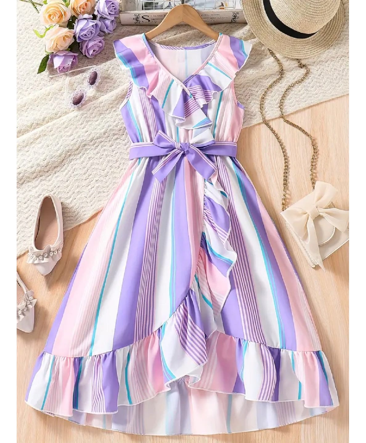 Bolly Lounge Cotton Blend Woven Sleeveless Striped Printed Dress - Purple