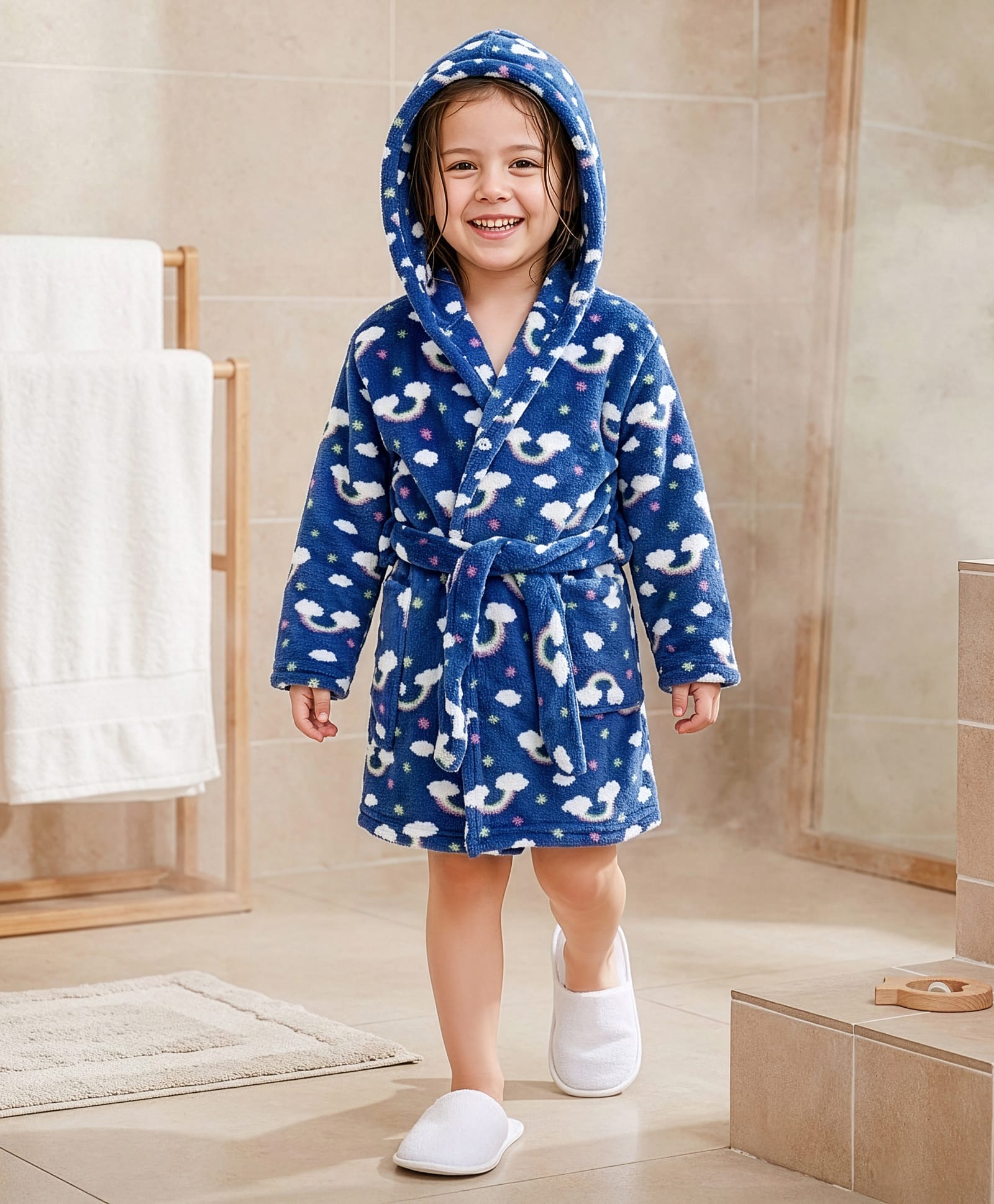 Babyhug Knit Full Sleeves Hooded Bathrobe with Rainbow Print - Navy Blue-image-15