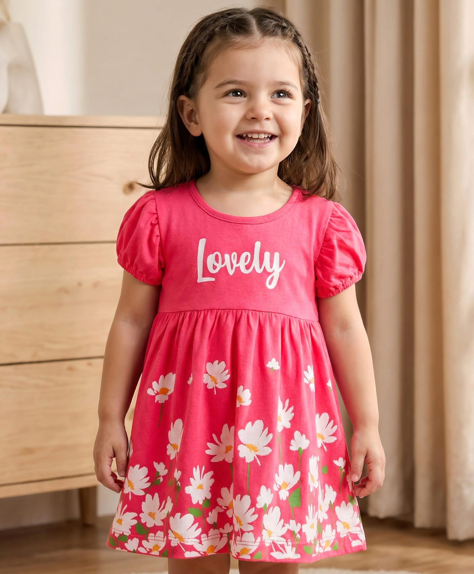 Babyhug Single Jersey Knit Half Sleeves Frock With Floral Print - Dark Pink-image-3