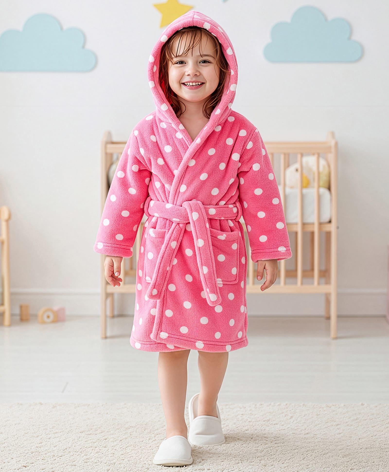 Babyhug Knit Full Sleeves Hooded Bathrobe with Polka Dot Print - Pink