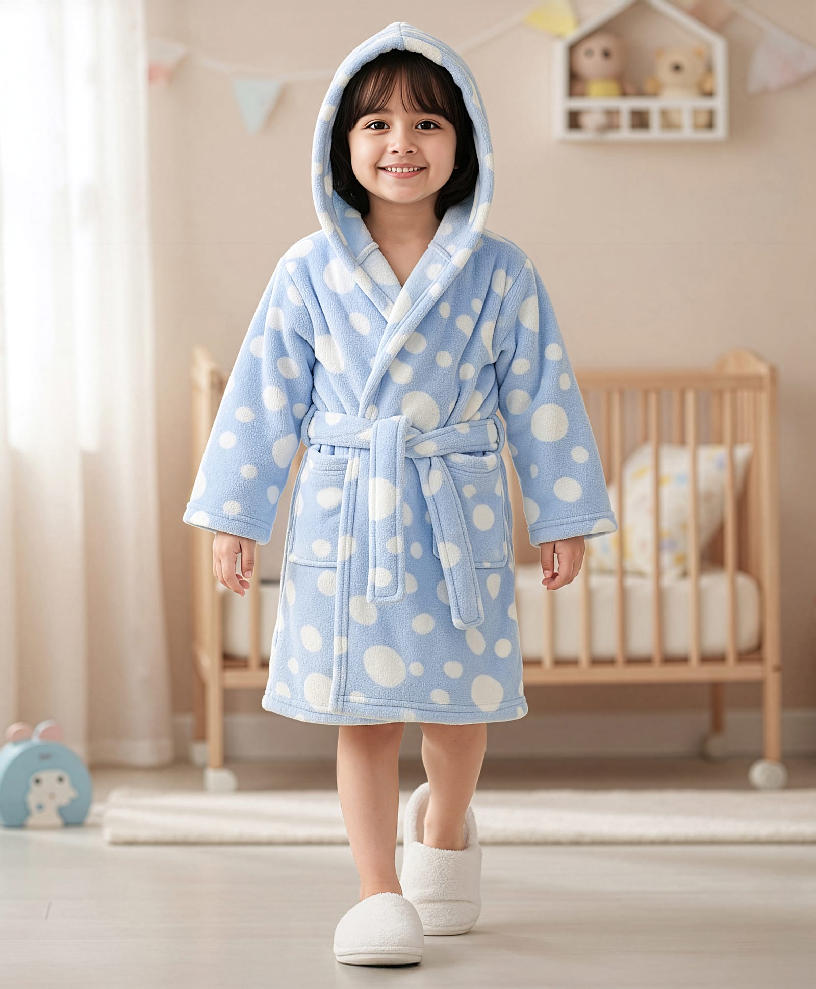 Babyhug Knit Full Sleeves Hooded Bathrobe with Polka Dot Print - Light Blue