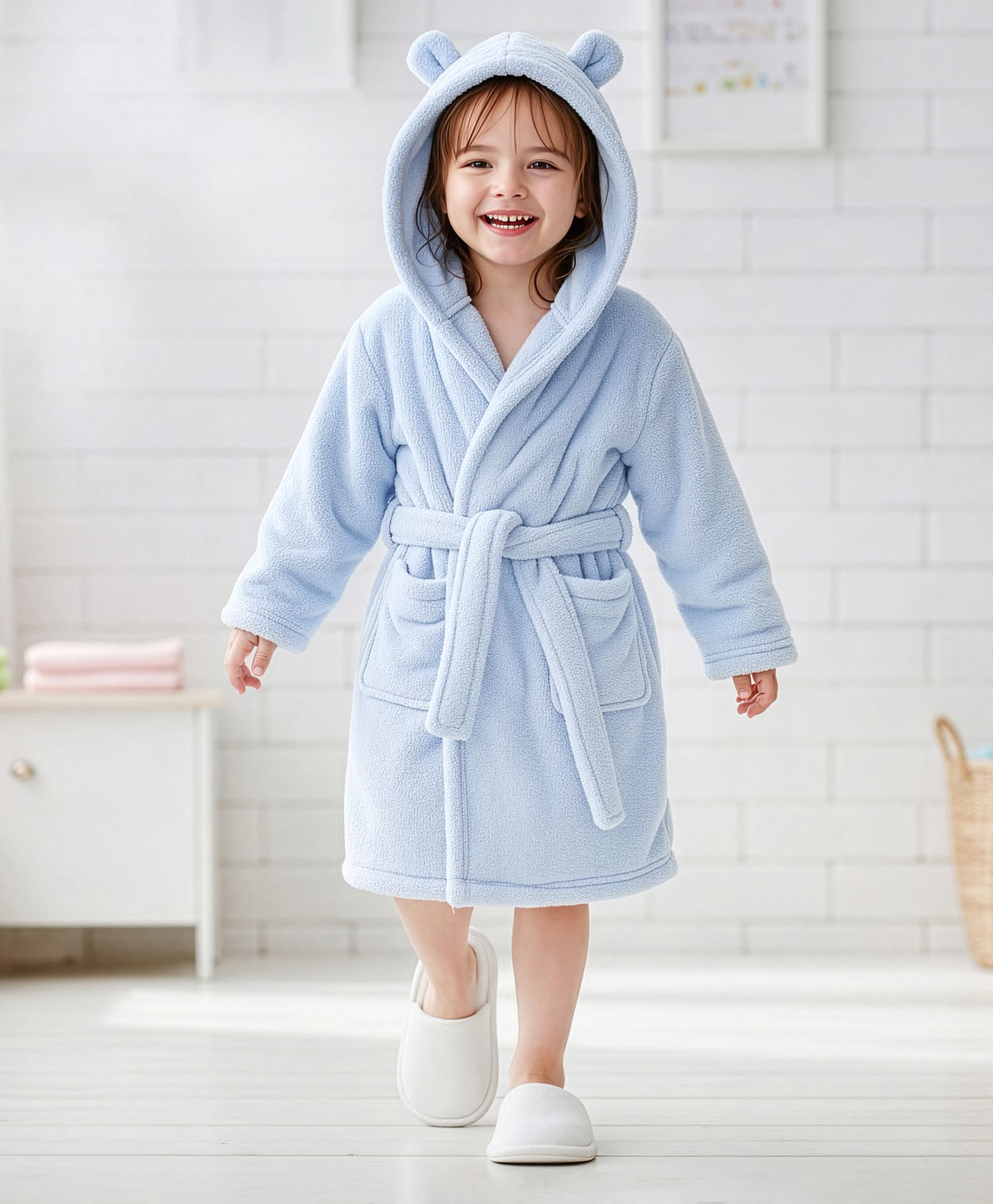 Babyhug Knit Full Sleeves Solid Color Hooded Bathrobe with Ear Applique - Light Blue