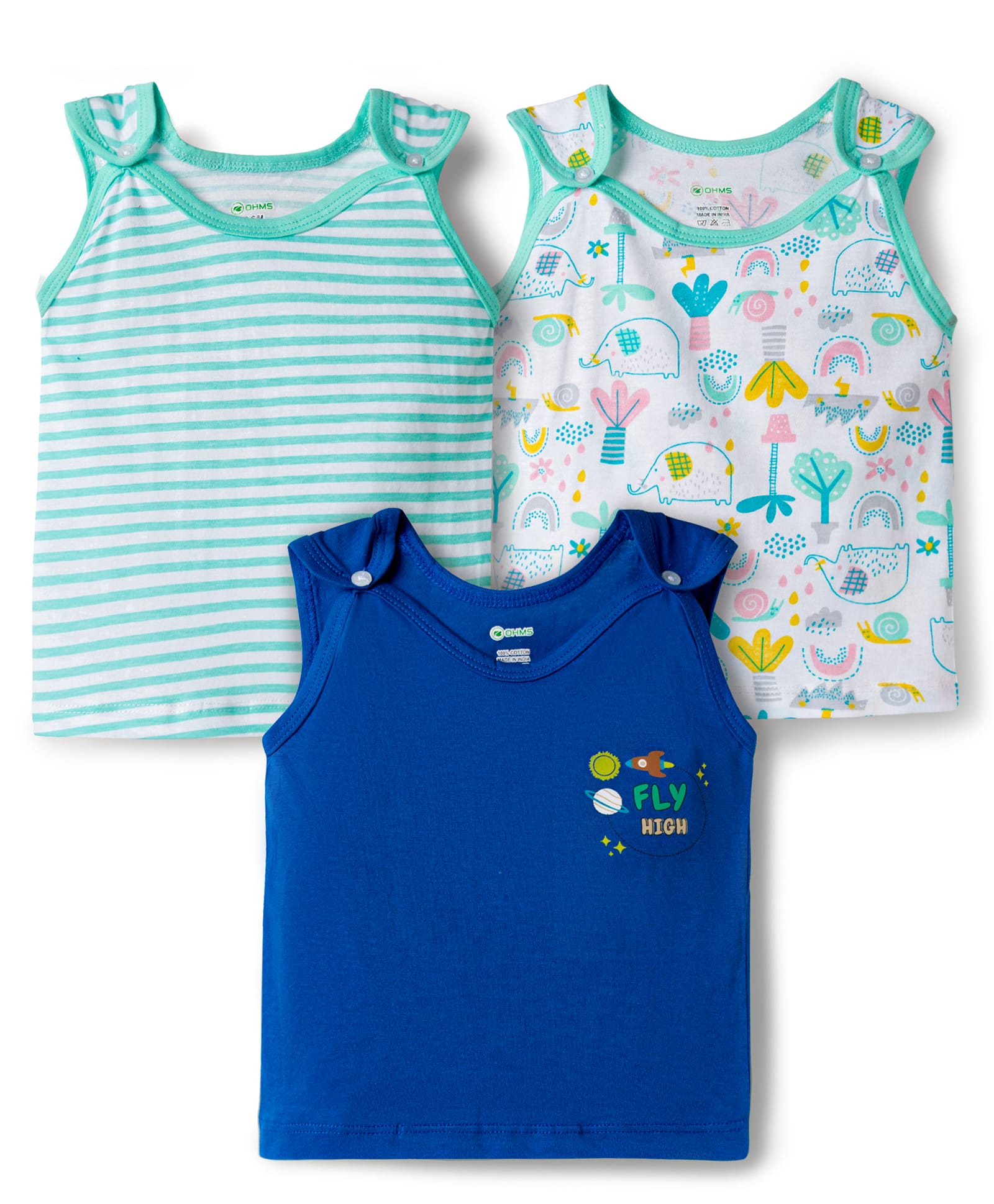 OHMS Single Jersey Knit Sleeveless Striped & Animal Printed Jhablas Pack of 3 - White Green & Blue-picture-32