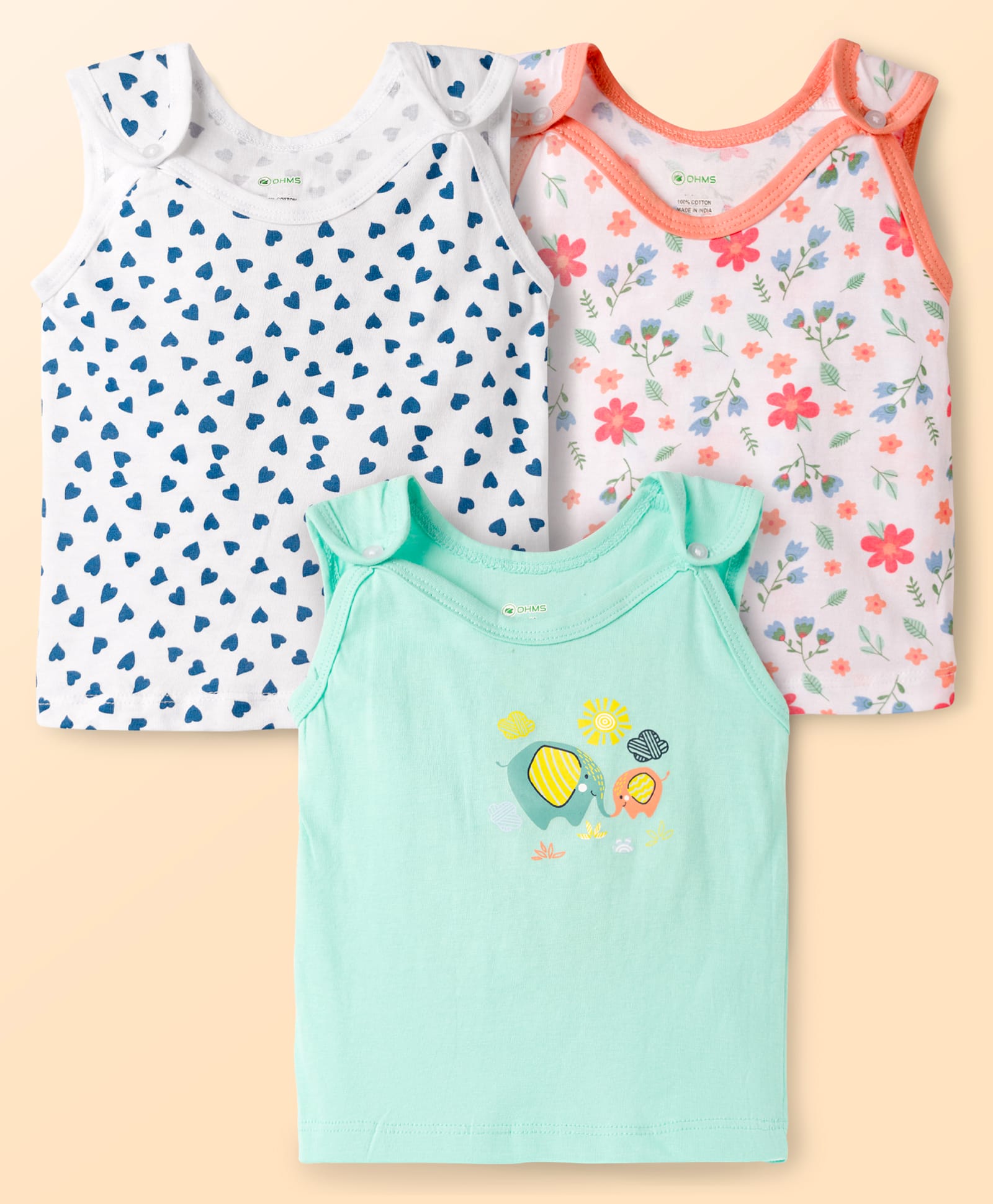 OHMS Single Jersey Knit Sleeveless Jhablas With Floral & Heart Print Pack of 3 - Multicolor-image-42