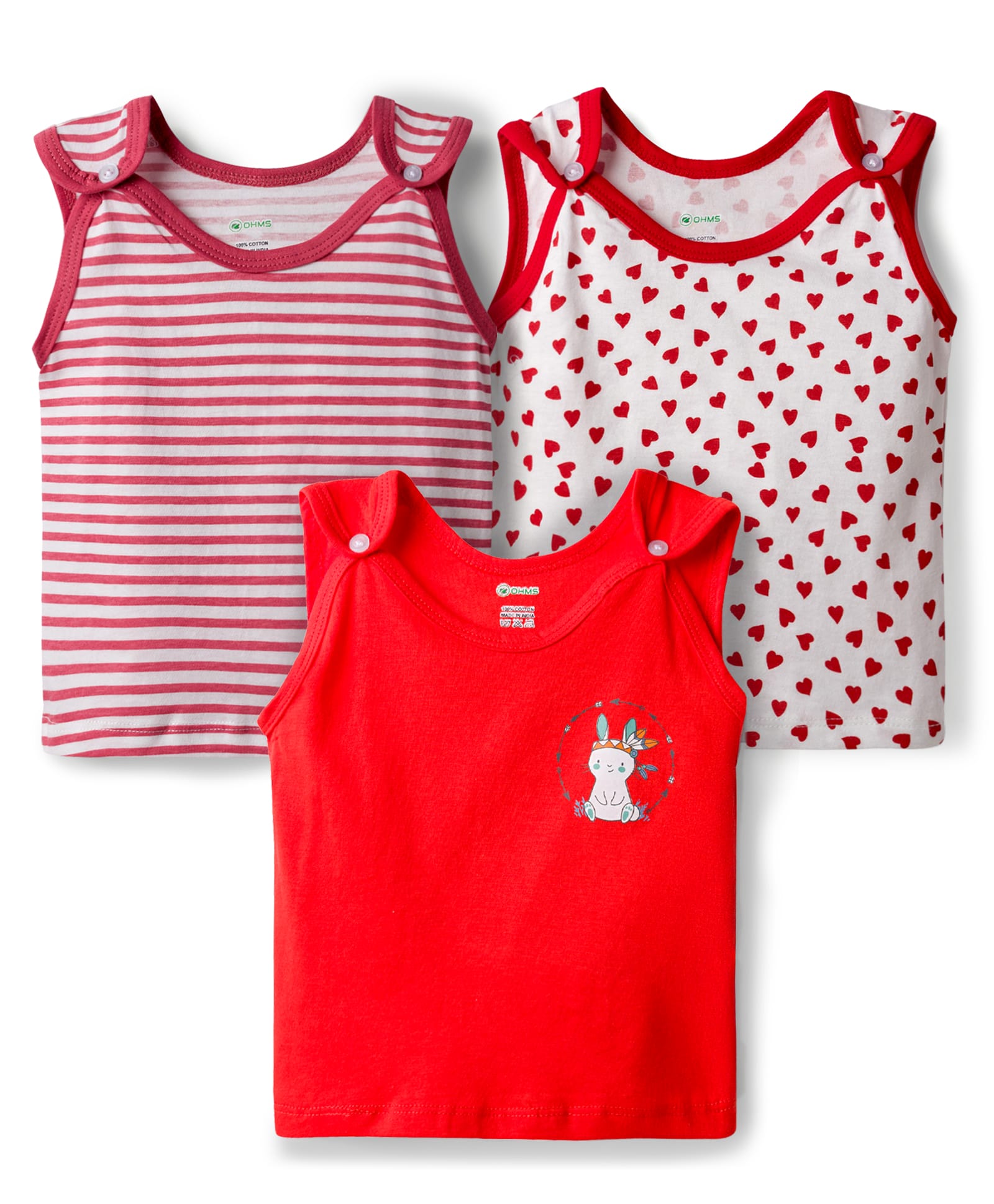 OHMS Single Jersey Knit Sleeveless Striped & Heart Printed Jhablas Pack of 3 - White & Red-image-15